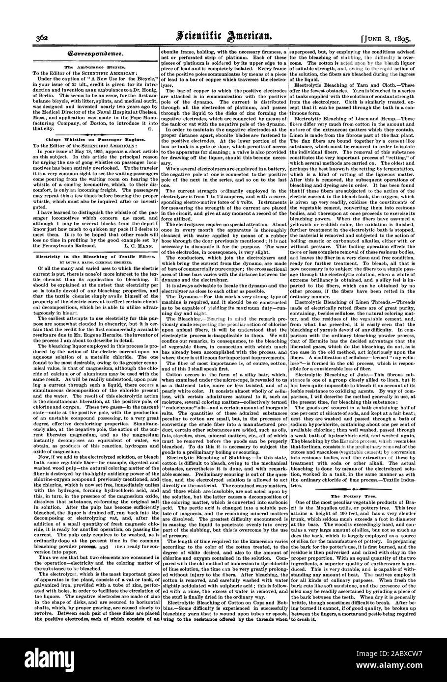 Zorreeponbence. The Ambulance Bicycle. Chime Whistles on Passenger Engines. Electricity in the Bleaching of Textile Fibers. the positive electrodes each of which consists of an wing to the resistance offered by the threads when The Pottery Tree. to crush it., scientific american, 1895-06-08 Stock Photo