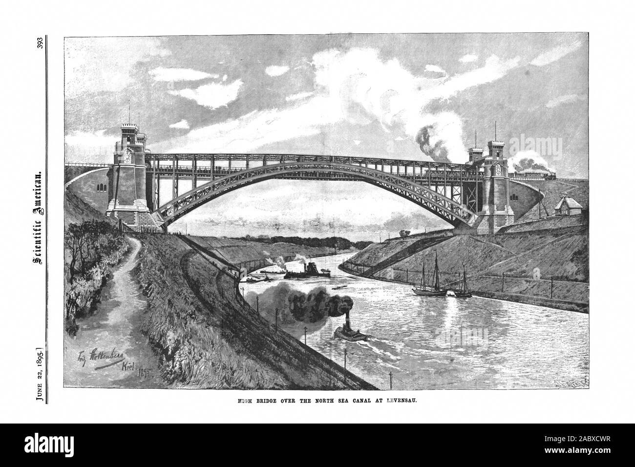 HIGH BRIDGE OVER THE NORTH SEA CANAL AT LEVENSAII., scientific american, 1895-06-22 Stock Photo