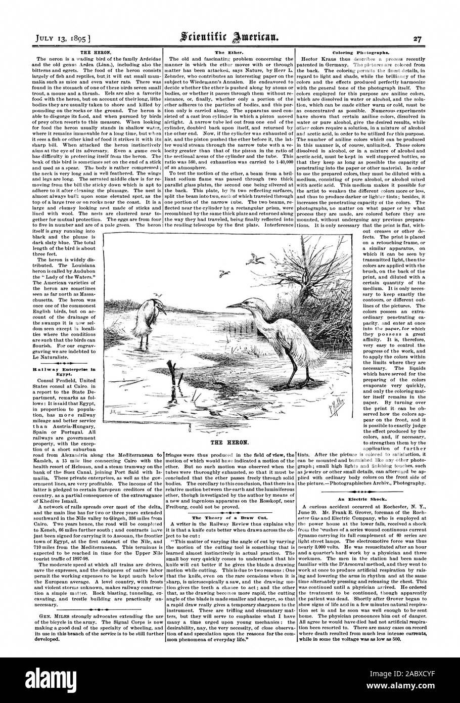 THE HERON. The Ether. Coloring Photographs. Hallway Enterprise in Egypt. THE HERON. The Theory of a Draw Cut. An Electric Shock. while in some the voltage was as low as 500., scientific american, 1895-07-13 Stock Photo