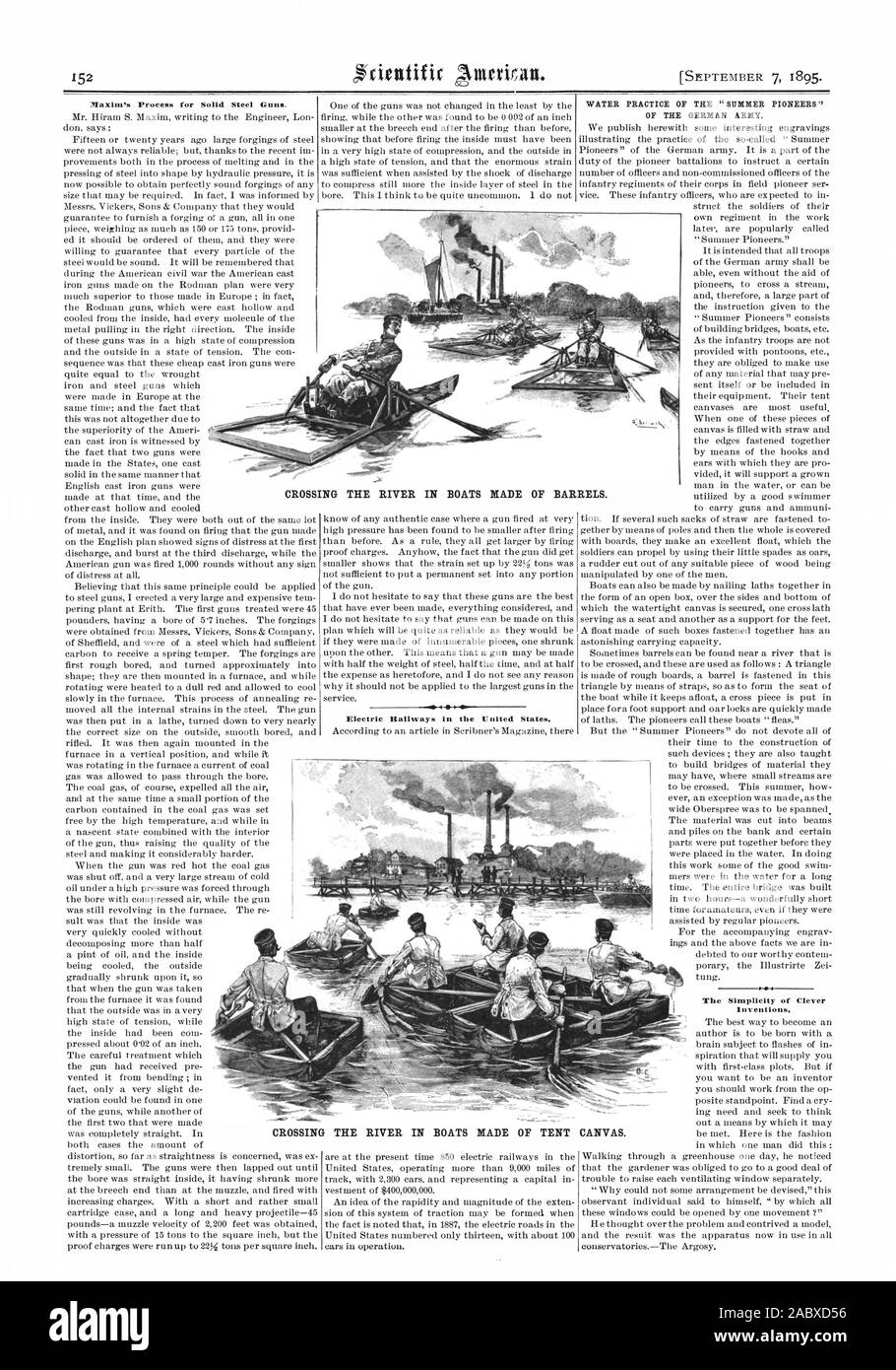 Maxim's Process for Solid Steel Guns. Electric Railways in the United States. WATER PRACTICE OF THE 'SUMMER PIONEERS' OF THE GERMAN ARMY. Inventions. CROSSING THE CROSSING THE RIVER IN BOATS MADE OF BARRELS. RIVER IN BOATS MADE OF TENT CANVAS., scientific american, 1895-09-07 Stock Photo