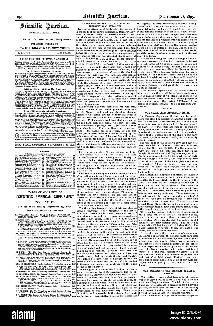 No. 361 BROADWAY NEW YORK. Building Edition of Scientific American. Export Edition of the Scientific American TABLE OF CONTENTS OF SCIENTIFIC AMERICAN SUPPLEMENT No_ 1030 For the Week Ending September 282 1895. Price 10 Cents. For sale by all newsdealer. PAGE 'Warr 16016 THE OPENING OF THE COTTON STATES AND INTERNATIONAL EXPOSITION. as the day of reconciliation between the whites and THE SECOND-CLASS BATTLESHIP MAINE. THE COLLAPSE OF THE COLISEUM BUILDING CHICAGO. This time it is in Chicago that unskilled design and, 1895-09-28 Stock Photo