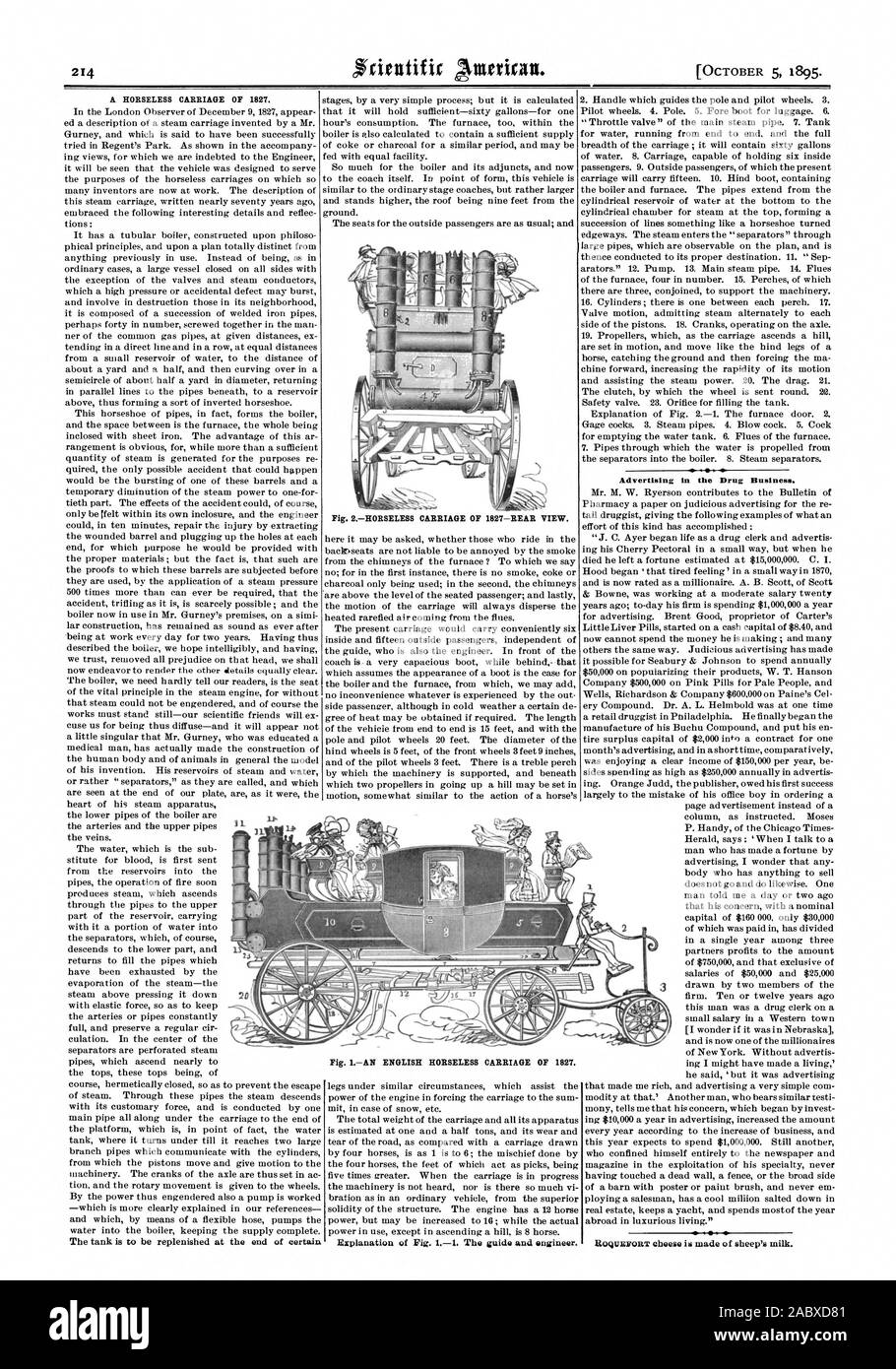 OCTOBER 5 1895.  A HORSELESS CARRIAGE OF 1827. Advertising in the Drug Business. e - ' slikg I 1r Fig. 1.-AN ENGLISH HOMELESS CARRIAGE OF 1827., scientific american, 1895-10-05 Stock Photo