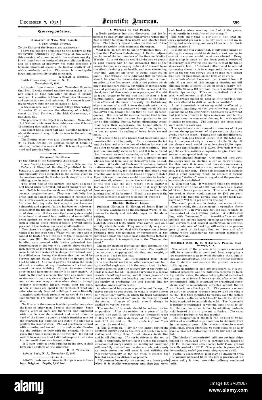 Sorresponbence. Discovery of Two New Cornets. Fireproof Buildings. D. H. WYCKOFF. bert Belgium. Depth 8490 feet. A Warning to Fat People. Solidified Milk—B F. McIntyre's Process East Orange N. J. milk. Electric Railway Losses. when it is totally unnecessary and then jam down, scientific american, 1895-12-07 Stock Photo