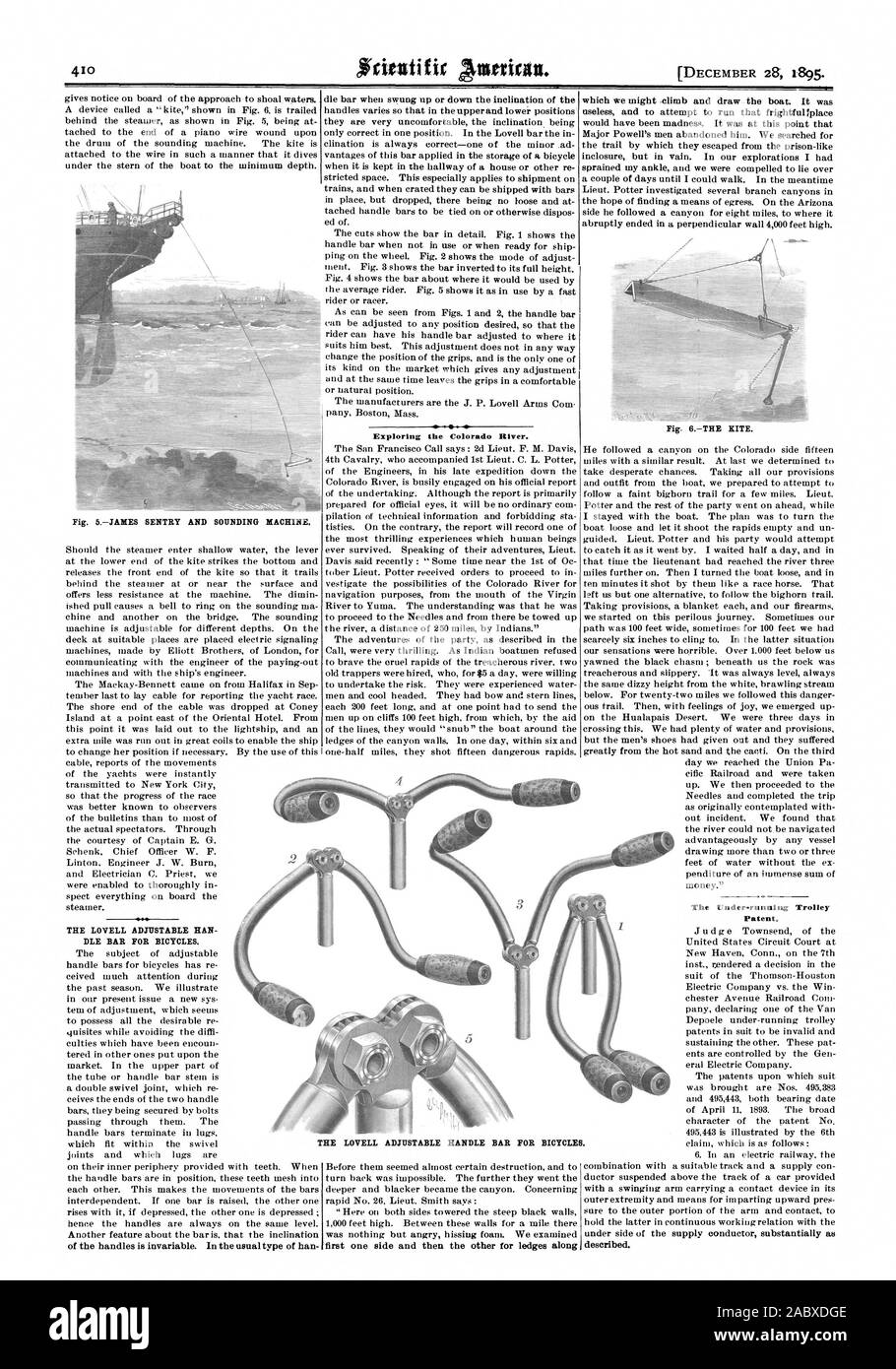 THE LOVELL ADJUSTABLE HAN DLE BAR FOR BICYCLES. The Under-running Trolley Patent. Exploring the Colorado River THE LOVELL ADJUSTABLE HANDLE BAR FOR BICYCLES., scientific american, 1895-12-28 Stock Photo