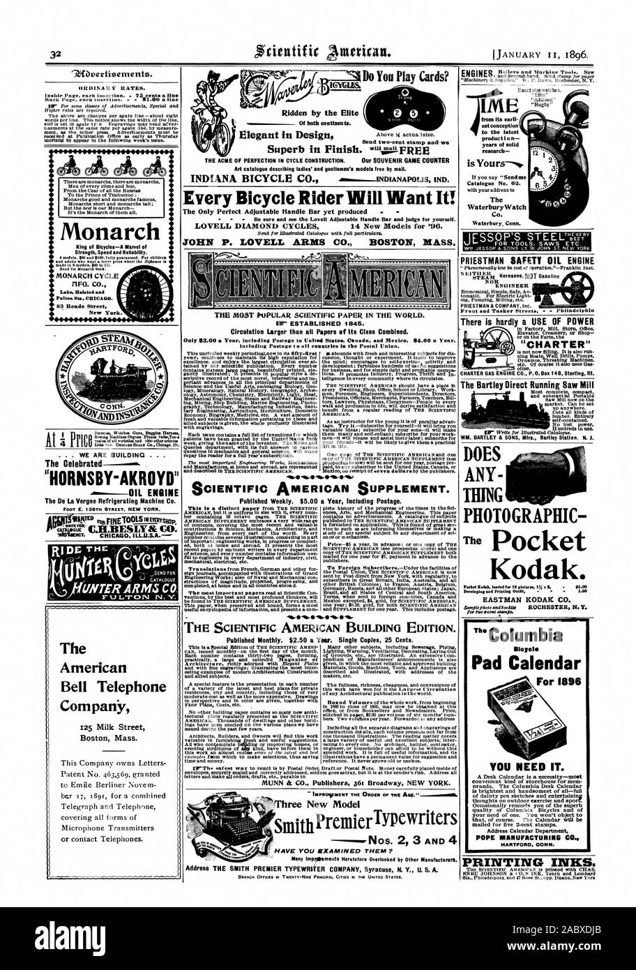 POPE MANUFACTURING CO. HARTFORD CON N. PRINTING INKS. Do You Play Cards? IGYGLES. Ridden by the Elite Send two-cent stamp and we Art catalogue describing ladies' and gentlemen's models free by mail. Every Bicycle Rider Will Want It! The Only Perfect Adjustable Handle Bar yet produced  LOVELL DIAMOND CYCLES 14 New Models for '96. JOHN P. LOVELL ARMS CO. BOSTON MASS. Circulation Larger than all Papers of Its Class Combined. SCIENTIFIC AMERICAN SUPPLEMENT. Published Weekly. $5.00 a Year including Postage. THE SCIENTIFIC AMERICAN BUILDING EDITION. MUNN Cc CO. Publishers 361 Broadway NEW YORK Stock Photo