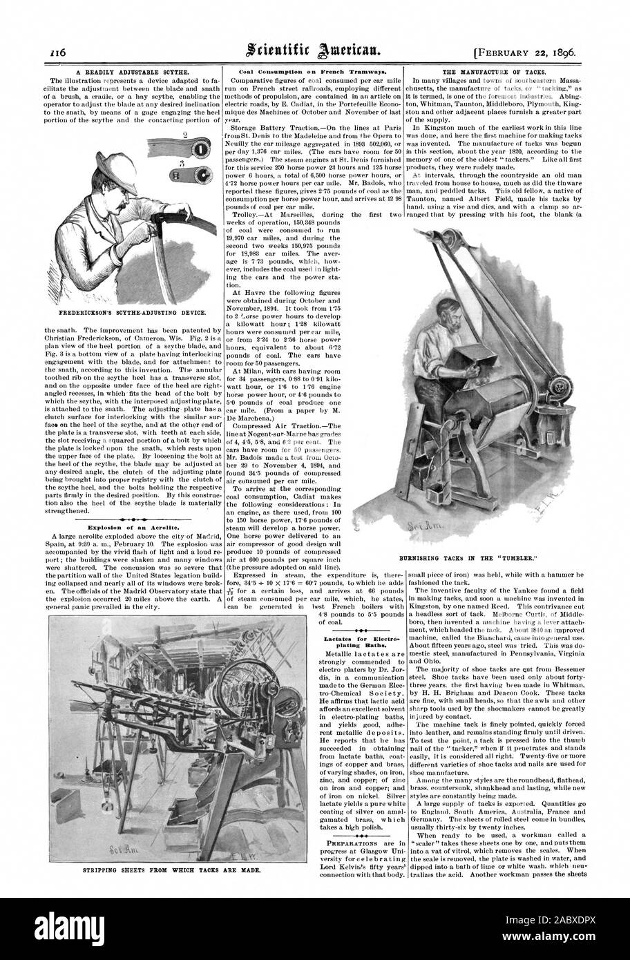 A READILY ADJUSTABLE SCYTHE. Explosion of an Aerolite. Coal Consumption on French Tramways. THE MANUFACTURE OF TACKS. Lactates for Electro plating Baths. BURNISHING TACKS IN THE 'TUMBLER., scientific american, 1896-02-22 Stock Photo