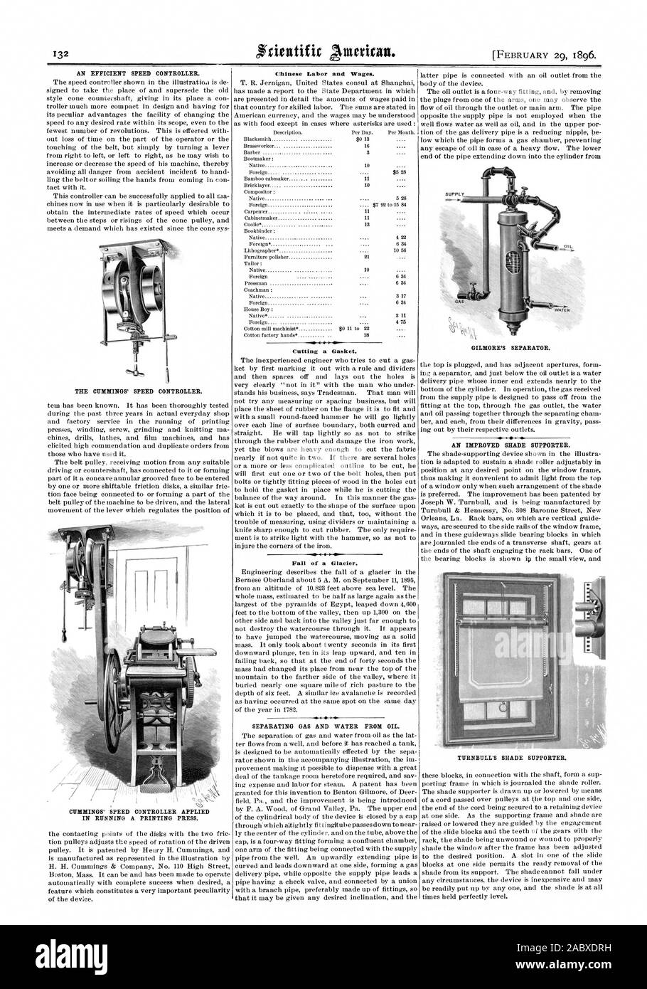 AN EFFICIENT SPEED CONTROLLER. THE CUMMINGS' SPEED CONTROLLER. Chinese Labor and Wages. Cutting a Gasket. Fall of a Glacier. SEPARATING GAS AND WATER FROM OIL. AN IMPROVED SHADE SUPPORTER., scientific american, 1896-02-29 Stock Photo