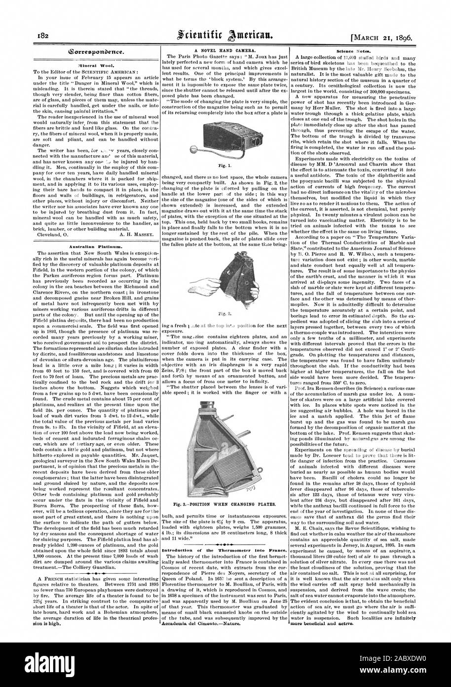 orresponDence. Mineral Wool. Australian Platinum. A NOVEL HAND CAMERA. Fig. L Fig. 2. Fig. SPOSITION WHEN CHANGING PLATES. Introduction of the Thermometer into France., scientific american, 1896-03-21 Stock Photo