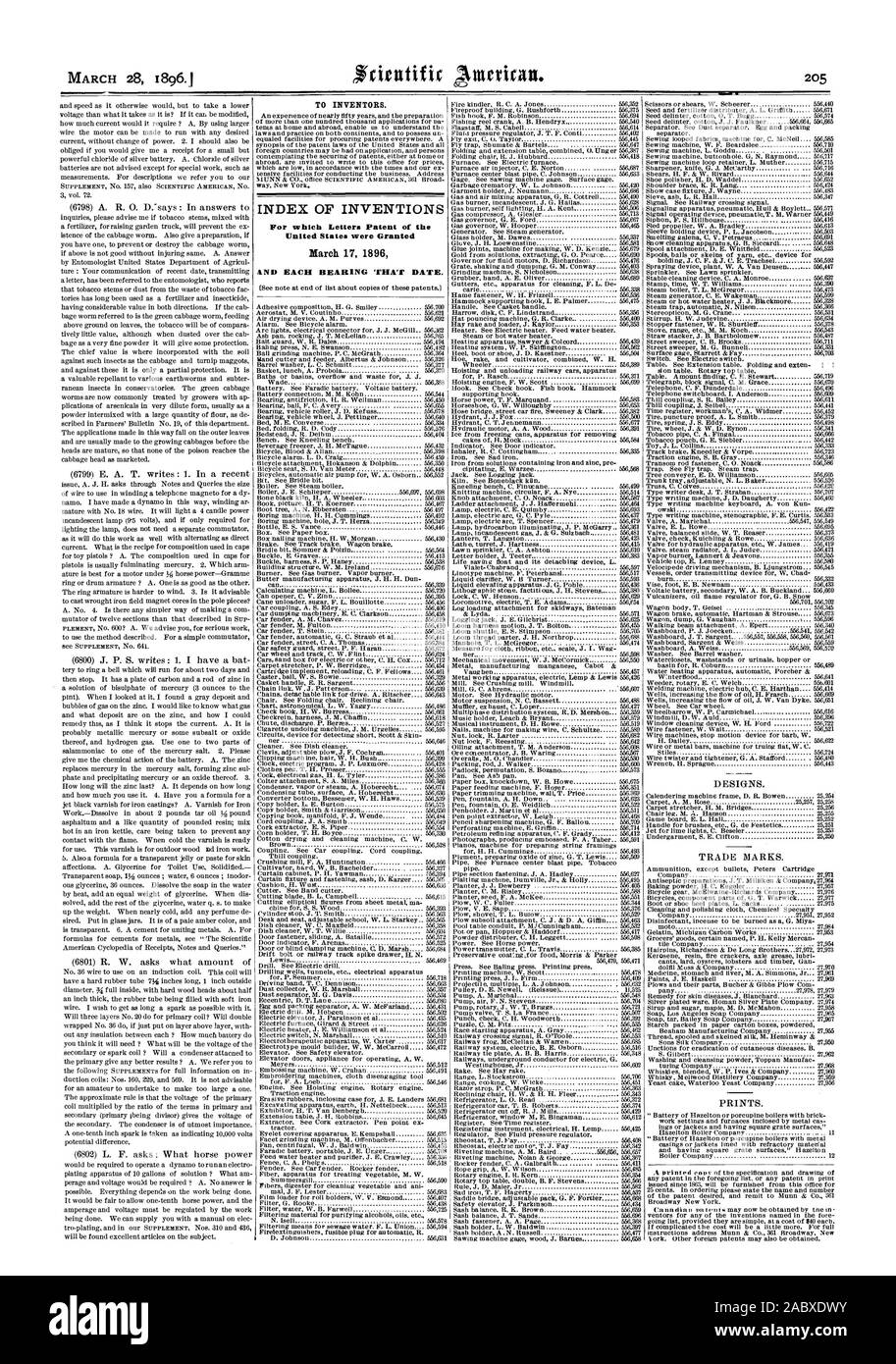 TO INVENTORS. INDEX OF INVENTIONS For which Letters Patent of the United States were Granted AND EACH BEARING THA'r DATE. earle  556838 can, scientific american, 1896-03-28 Stock Photo