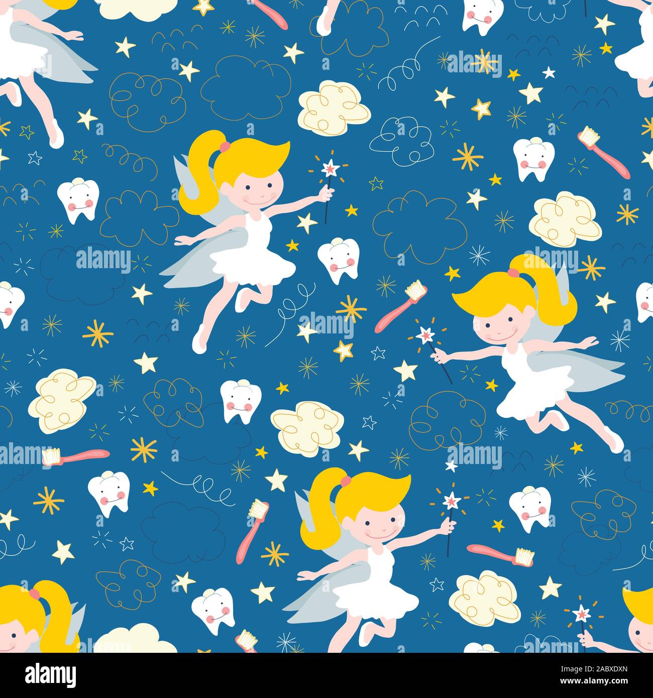 Tooth fairy seamless vector pattern. Cute fairies with wand on blue background with teeth, toothbrush, stars and clouds. Repeating backdrop for kids Stock Vector