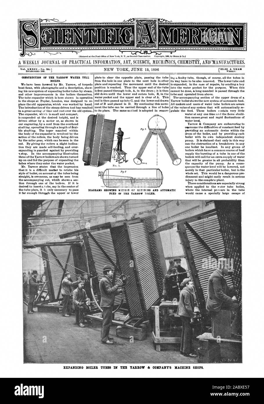 Vol. LXXI V No. 24.3 WEEKLY. CONSTRUCTION OF THE YARROW WATER TUBE BOILER DIAGRAMS SHOWING METHOD OF RETIMING AND AUTOMATIC FEED OF THE YARROW BOILER. EXPANDING BOILER TUBES IN THE YARROW & COMPANY'S MACHINE SHOPS., scientific american, 1896-06-13 Stock Photo