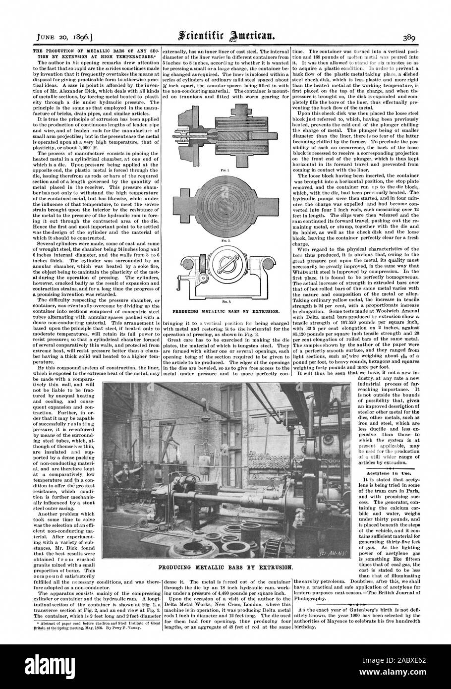MINV.M Oli THE PRODUCTION OF METALLIC BARS OF ANY SEC TION BY EXTRUSION AT HIGH TEMPERATURES. PRODUCING METALLIC BARS BY EXTRUSION. l 4 Acetylene in Vote. PRODUCING METALLIC BARS BY EXTRUSION., scientific american, 1896-06-20 Stock Photo
