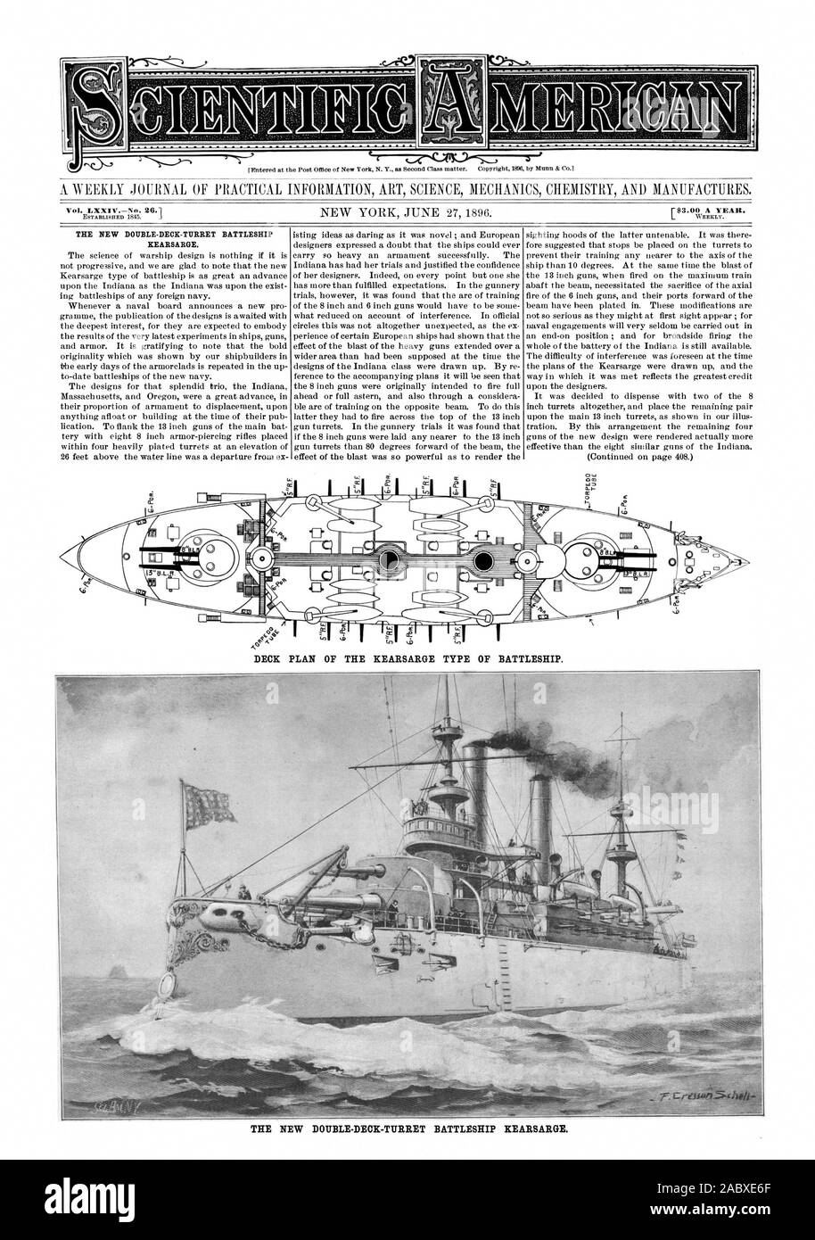 A WEEKLY JOURNAL OF PRACTICAL INFORMATION ART SCIENCE MECHANICS CHEMISTRY AND MANUFACTURES. Vol. LXXIVNo. 26.1 THE NEW DOUBLE-DECK-TURRET BATTLESHIP KEARSARGE. DECK PLAN OF THE KEARSARGE TYPE OF BATTLESHIP. THE NEW DOUBLE-DECK-TURRET BATTLESHIP KEARSARGE., scientific american, 1896-06-27 Stock Photo