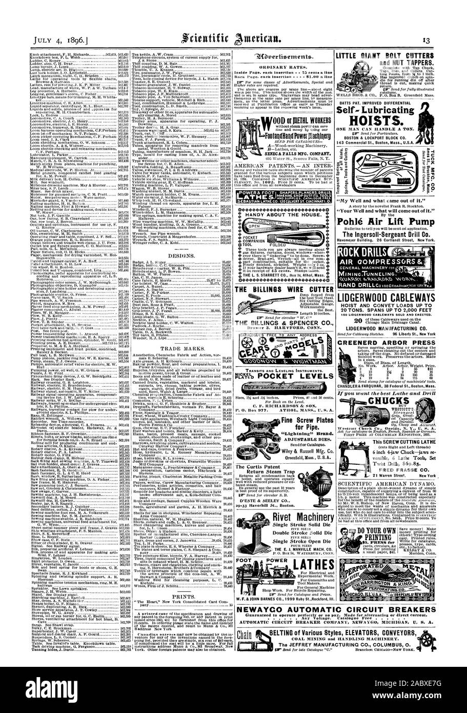 ANNA TRANSITS AND LEVELING INSTRUMENTS. Fine Screw Plates for Pipe. The Curtis Patent Return Steam Trap D'ESTE & SEELEY CO. 29-33 Haverhill St. Boston. Rivet Machinery Single Stroke Solid Die FIVE SIZES Double Stroke Solid Die FIVE SIZES Single Stroke Open Die FOUR SIZES THE E. J. MANVILLE MACH. CO. FOOT W. F. & JOHN BARNES CO. 1999 Ruby St.Rockford Ill. 'Your Well and what will come out of it.' Pohle Air Lift Pump The Ingersoll-Sergeant Drill Co. LIDGERWOOD CABLEWAYS HOIST AND CONVEY LOADS UP T 20 TONS. SPANS UP TO 2000 FEET 150 LIDGERWOOD CABLEWAYS SOLD AND ERECTED. LIDGERWOOD MANUFACTURING Stock Photo
