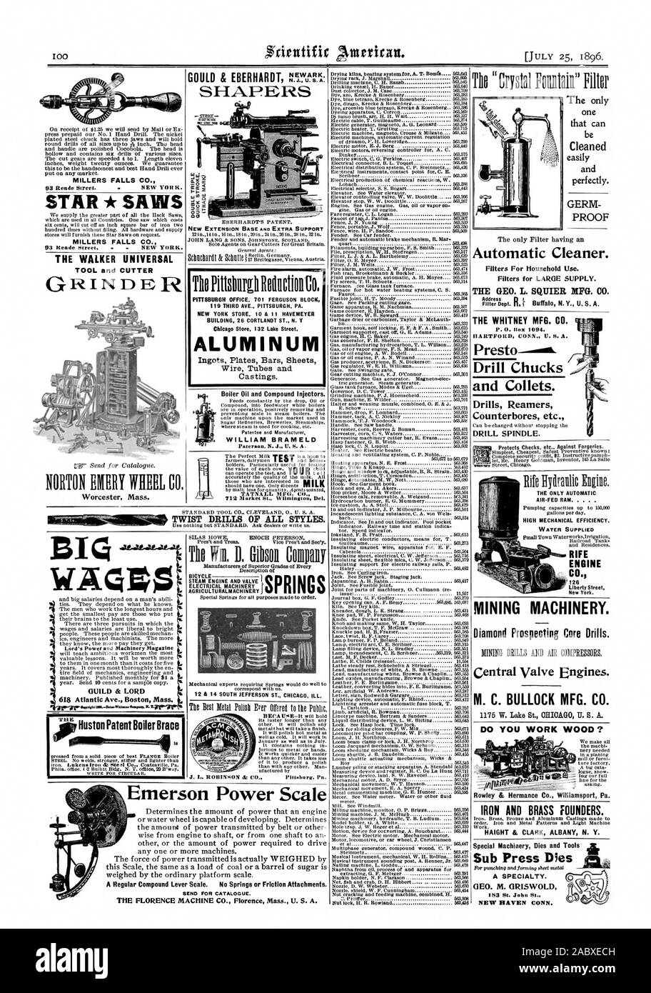 perfectly. PROOF Automatic Cleaner. IRON AND BRASS FOUNDERS. HAIGHT & CLARK ALBANY N. Y. Special Machinery Dies and Tools Sub Press Dies A SPECIALTY. NEW RAVEN CONN. PITTSBURGH OFFICE 701 FERGUSON BLOCK 9 THIRD AVE. PITTSBURGH PA. NEW YORK STORE 10 &  HAVEMEYER BUILDING 26 CORTLANDT ST. N. Y Chicago Store 132 Lake Street. ALUMINUM Ingots Plates Bars Sheets Wire Tubes and Castings. GOULD & EBERHARDT SHAPERS 131 WAer, scientific american, 1896-07-25 Stock Photo