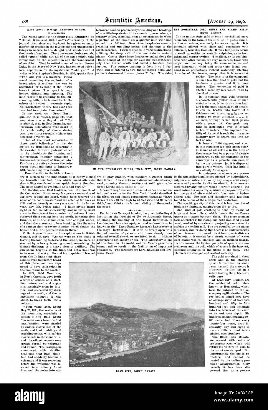 More About Strange Explosive Sounds. THE HOMESTAKE GOLD MINES AND STAMP ?SILLS SOUTH DAKOTA. IN THE HODIESTAKE MINES LEAD CITY SOUTH DAKOTA. oirc. LEAD CITY SOUTH DAKOTA., scientific american, 1896-08-29 Stock Photo