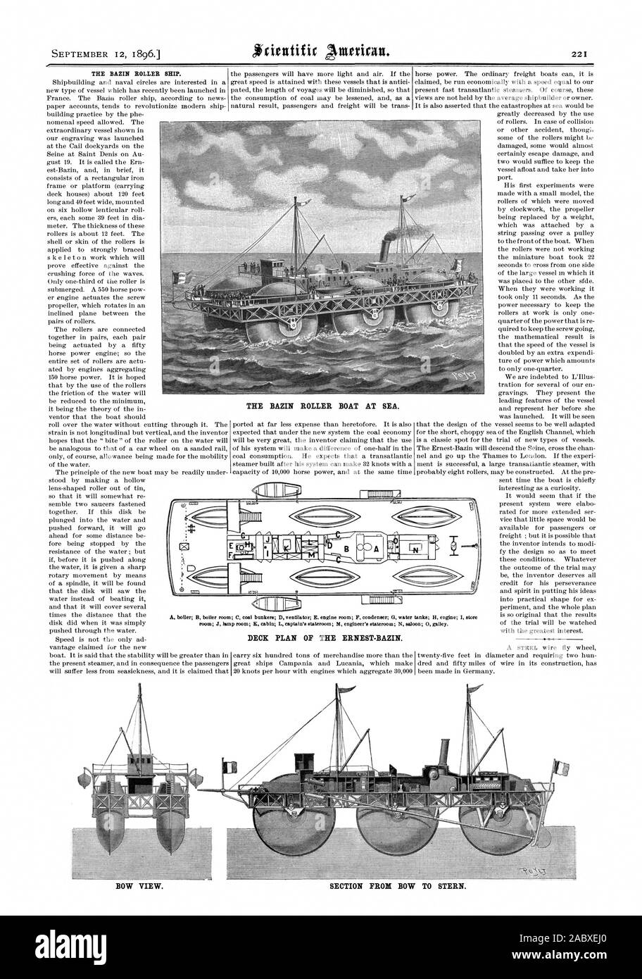 SEPTEMBER 12 1896. THE BAZIN ROLLER SHIP. THE BAZIN ROLLER BOAT AT SEA