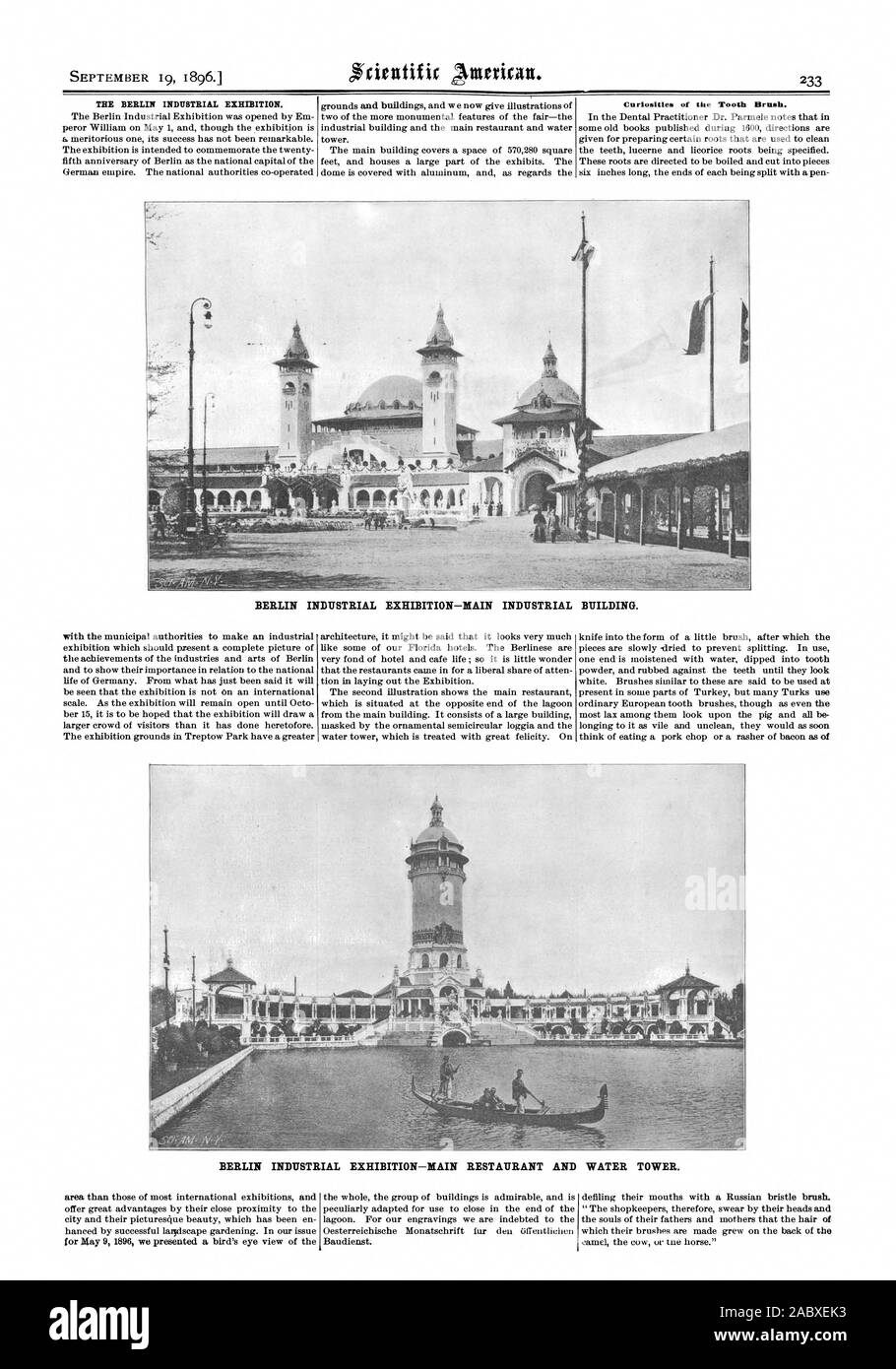 THE BERLIN INDUSTRIAL EXHIBITION. Curiosities of the Tooth Brush. BERLIN INDUSTRIAL EXHIBITION—MAIN INDUSTRIAL BUILDING. BERLIN INDUSTRIAL EXHIBITION—MAIN RESTAURANT AND WATER TOWER., scientific american, 1896-09-19 Stock Photo