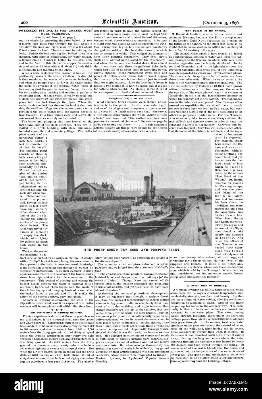 GOVERNHEIIT DRY DOCK AT PORT ORCHARD PUGET SOUND WASHINGTON. The Destruction of Military Balloons. The Future of the Sahara. A Novel Plan of Building. ture equal throughout the buildingStone. Religious Origin ol Sculpture. Monthly. THE PUGET SOUND DRY DOCK AND PUMPING PLANT., scientific american, 1896-10-03 Stock Photo