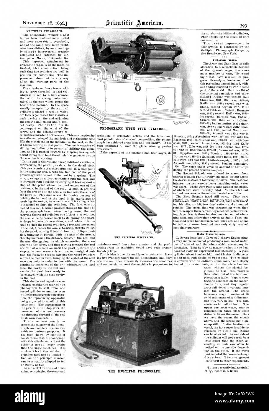 THE SHIFTING MECHANISM. THE MULTIPLE PHONOGRAPH. MULTIPLEX PHONOGRAPH. Victorian Wars. I  0 S. Rain Experiments. PHONOGRAPH WITH FIVE CYLINDERS., scientific american, 1896-11-28 Stock Photo