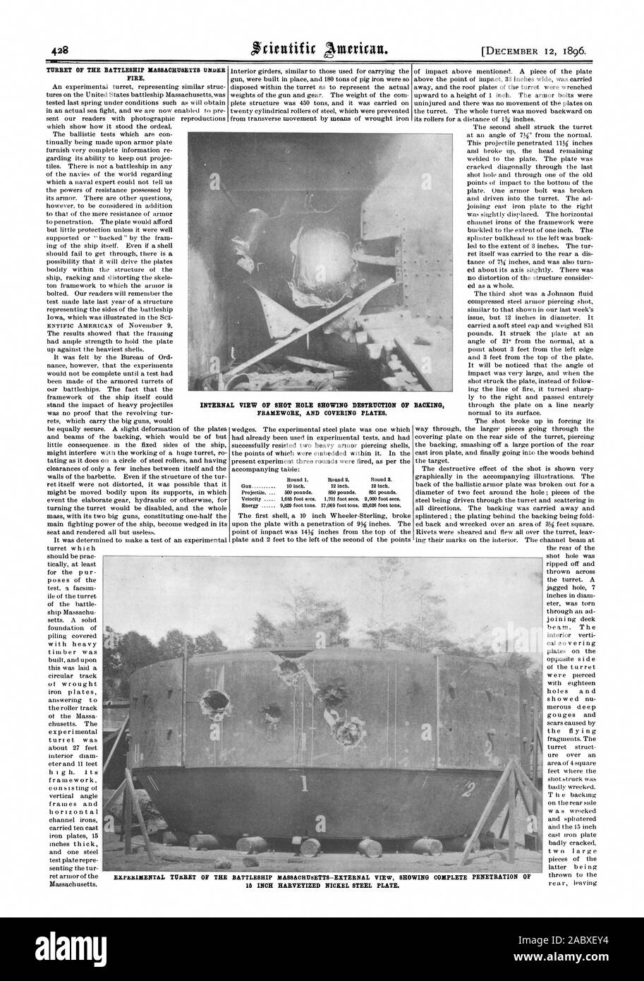 TURRET OF THE BATTLESHIP MASSACHUSETTS UNDER FIRE. badly wrecked. INTERNAL VIEW OF SHOT HOLE SHOWING DESTRUCTION OF BACKING FRAMEWORK AND COVERING PLATES. 16 INCH HARVEYIZED NICKEL STEEL PLATE., scientific american, 1896-12-12 Stock Photo