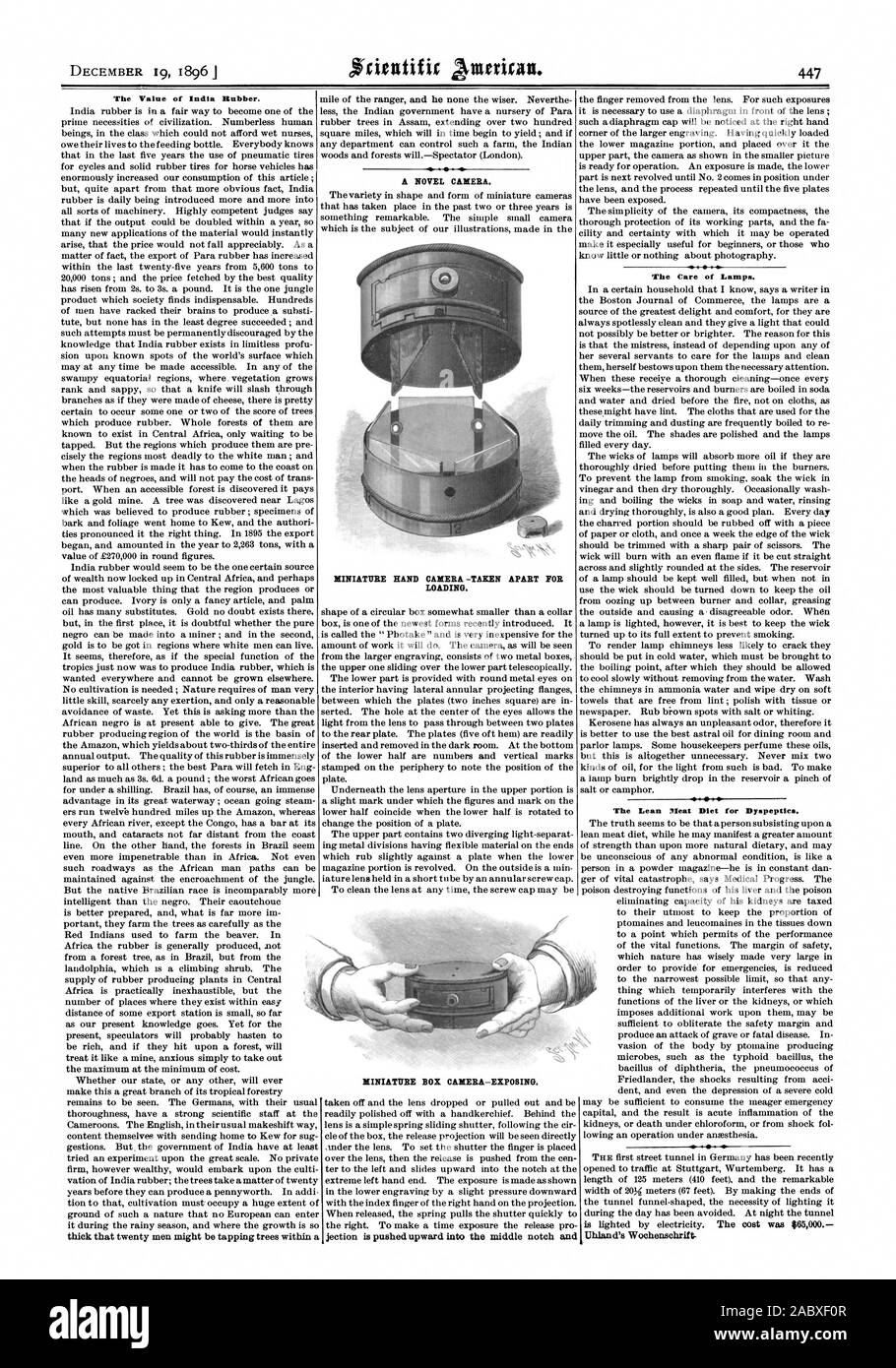The Value of India Rubber. thick that twenty men might be tapping trees within a A NOVEL CAMERA. The Care of Lamps. The Lean Meat Diet for Dyspeptics. MINIATURE HAND CAMERA -TAKEN APART FOR LOADING., scientific american, 1896-12-19 Stock Photo