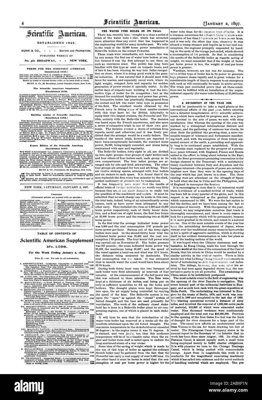 TABLE OF CONTENTS OF Scientific American Supplement 1 To. 1096. A RETROSPECT OF THE YEAR 1898., 1897-01-02 Stock Photo