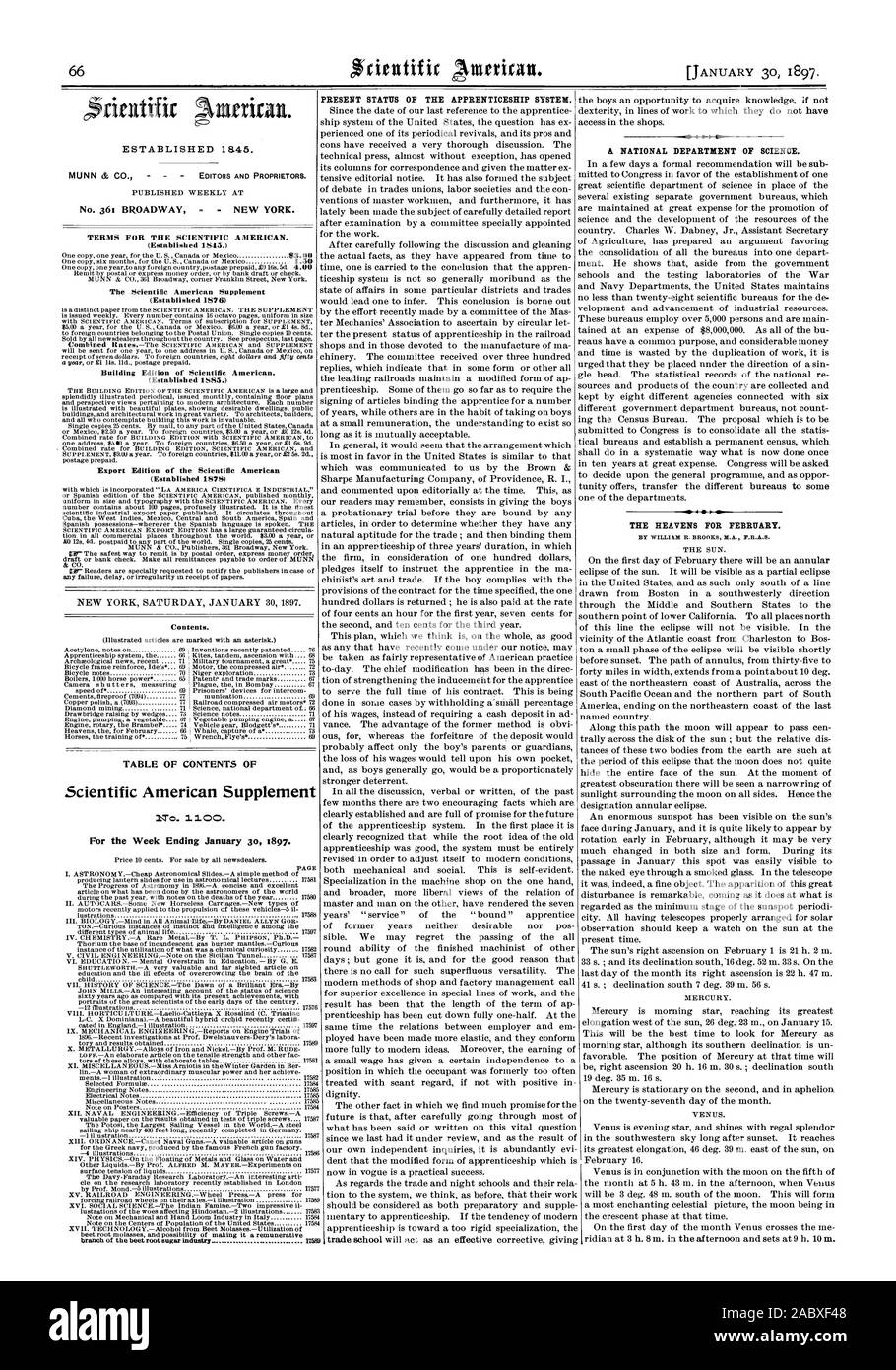 PRESENT STATUS OF THE APPRENTICESHIP SYSTEM. THE HEAVENS FOR FEBRUARY. ESTABLISHED 1845. Contents. TABLE OF CONTENTS OF Scientific American Supplement 1To. 00. For the Week Ending January 30 1897. A NATIONAL DEPARTMENT OF SCIENCE., 1897-01-30 Stock Photo