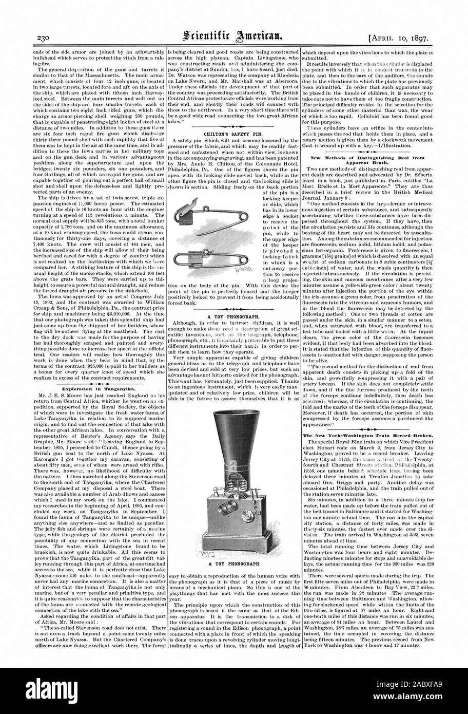 Exploration in Tanganyika. CHILTON’S SAFETY PIN. A TOY PHONOGRAPH