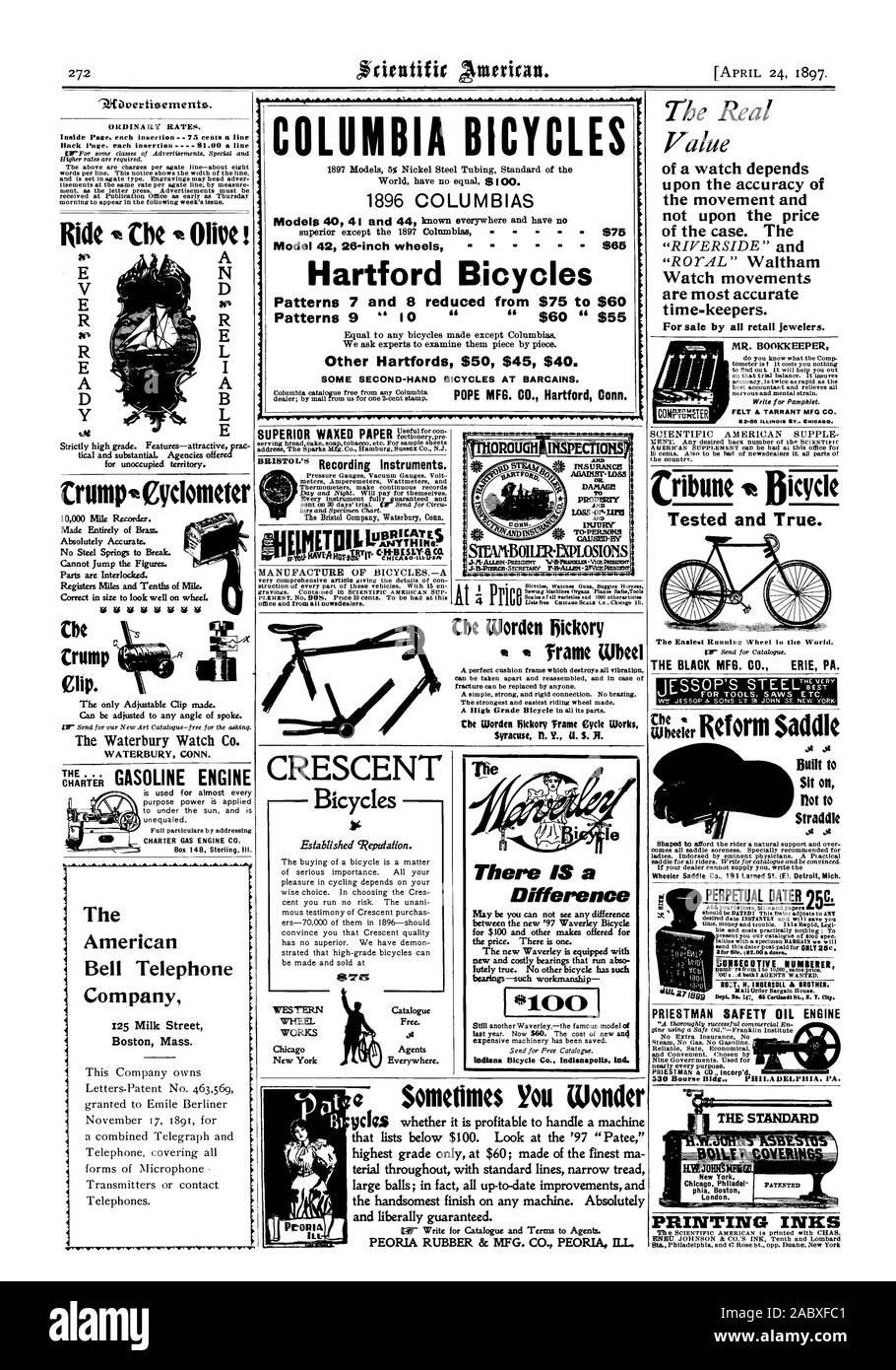 Seale. o full varieties cud 1000 othererti les CRESCENT Bicycles WORKS Chicag New York Catalogue Free Everywhere., scientific american, 1897-04-24 Stock Photo