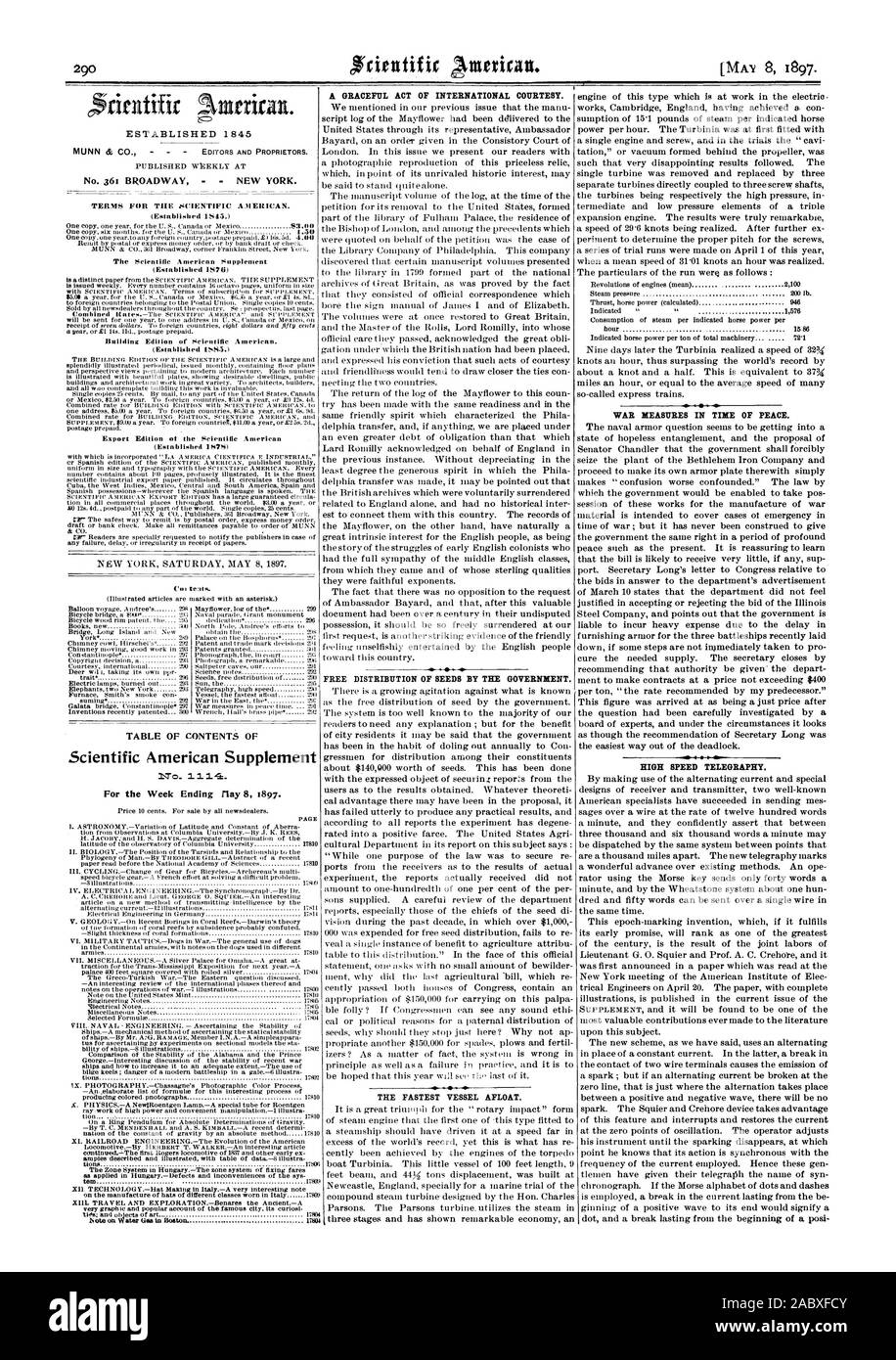 ESTABLISHED 1 845 NEW YORK SATURDAY MAY 8 1897. TABLE OF CONTENTS OF  Scientific American Supplement No. 1 1 14. PAGE FREE DISTRIBUTION OF SEEDS  BY THE GOVERNMENT. THE FASTEST VESSEL AFLOAT.