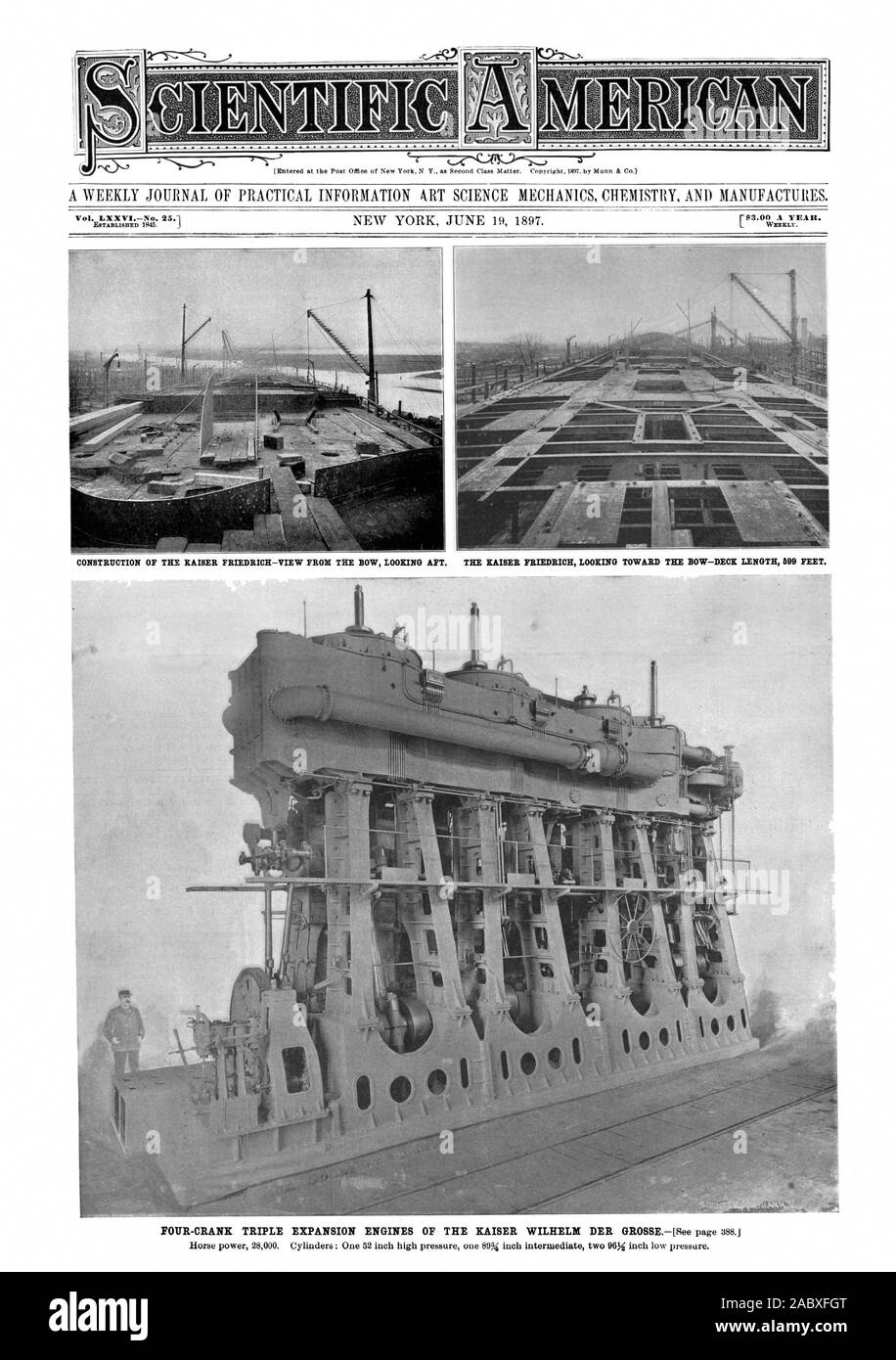 A WEEKLY JOURNAL OF PRACTICAL INFORMATION kRT SCIENCE MECHANICS CHEMISTRY AND MANUFACTURES. Vol. LXXVINo. 25. CONSTRUCTION OF THE RAISER FRIEDRICH—VIEW FROM THE BOW LOOKING AFT. THE KAISER FRIEDRICH LOOKING TOWARD THE BOW—DECK LENGTH 699 FEET., scientific american, 1897-06-19 Stock Photo