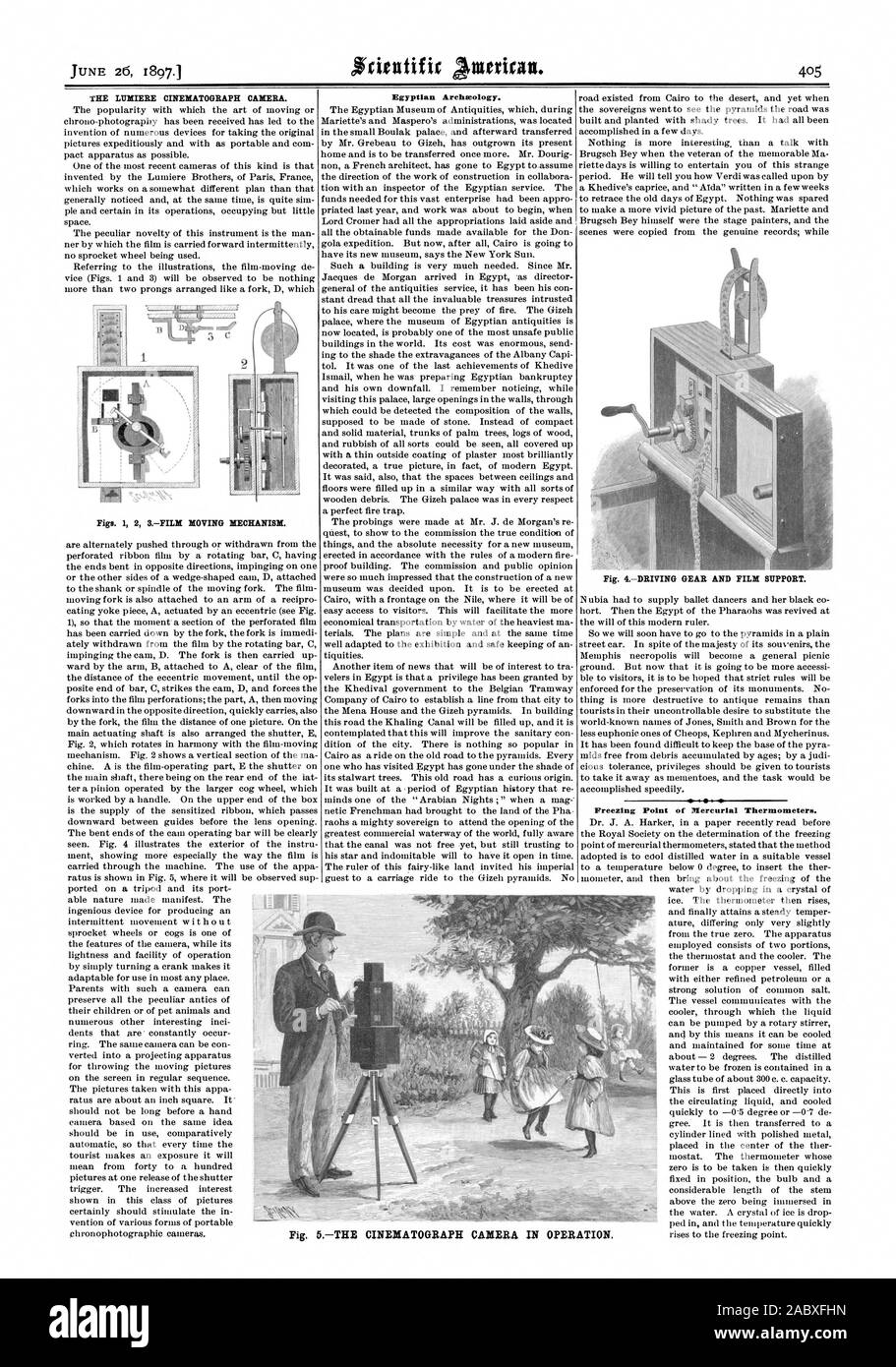 THE LUMIERE CINEMATOGRAPH CAMERA. Figs. 1 2 3FILM MOVING MECHANISM. Egyptian Archteology. Freezing Point of Mercurial Thermometers. Fig. 5THE CINEMATOGRAPH CAMERA IN OPERATION, scientific american, 1897-06-26 Stock Photo