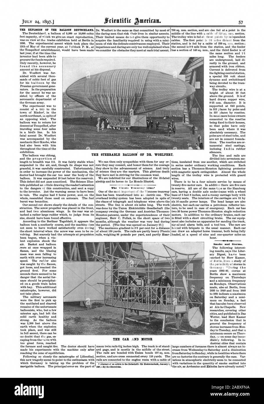 THE EXPLOSION OF THE BALLOON DEUTSCHLAND. The Vienna Tramway Line. THE CAR AND MOTOR Smoke and Storms. THE STEERABLE BALLOON OF DR. WOELFERT., scientific american, 1897-07-24 Stock Photo