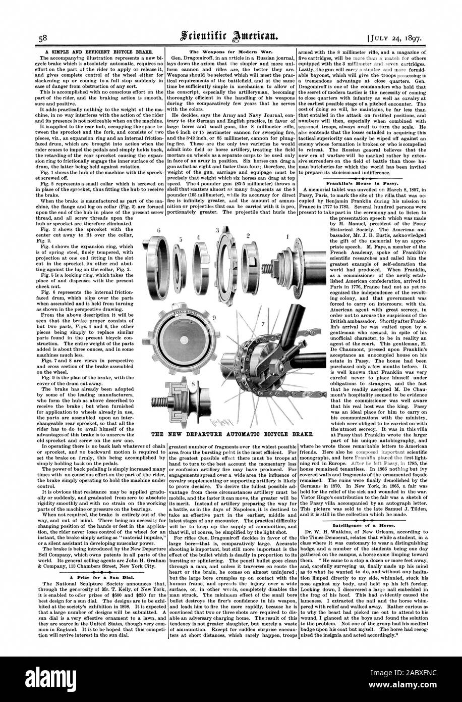A SIMPLE AND EFFICIENT BICYCLE BRAKE. A Prize for a Sun Dial. The Weapons for Modern War. Franklin's House in Passy. Intelligence of a Horse. THE NEW DEPARTURE AUTOMATIC BICYCLE BRAKE., scientific american, 1897-07-24 Stock Photo