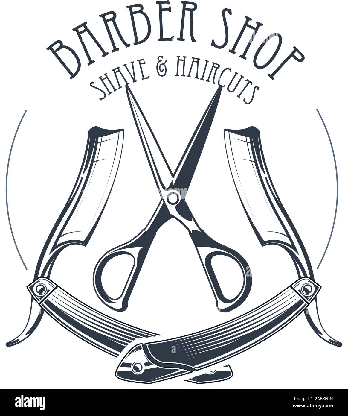 Vintage barbershop or hairdressing salon emblem, scissors and old straight razor, barber shop logo Stock Vector