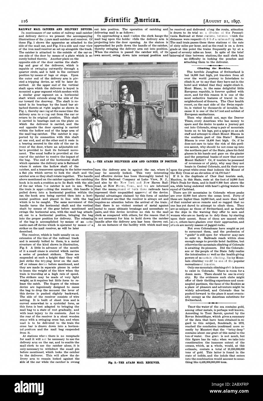 RAILWAY MAIL CATCHER AND DELIVERY DEVICES. Pig. 2THE ATARI; MAIL RECEIVER. 4  0  Climbing the Rockies. Fig. 1THE AYARS DELIVERER ARM AND CATCHER IN POSITION., scientific american, 1897-08-21 Stock Photo