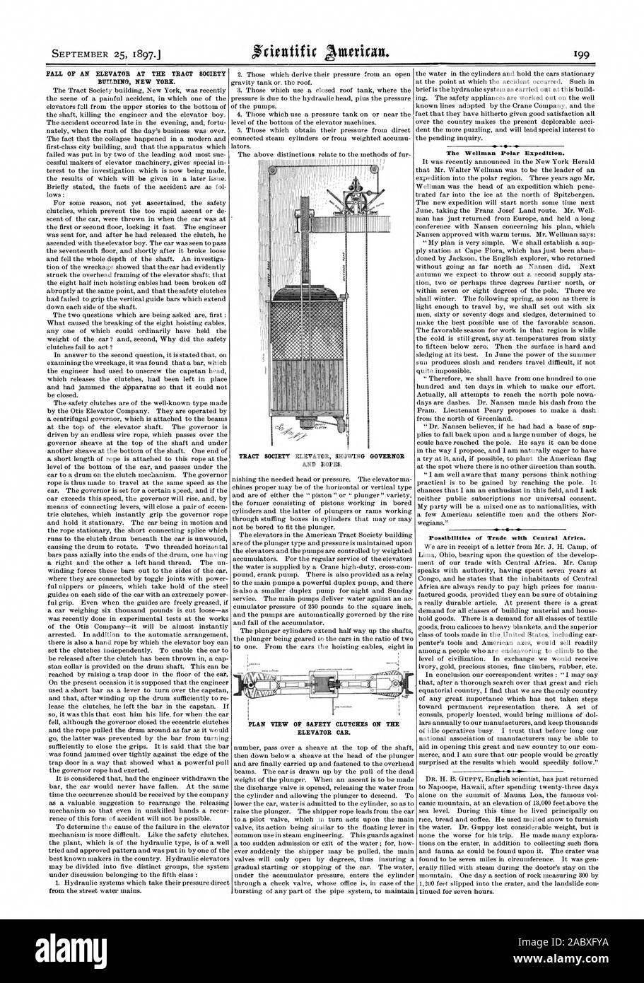 FALL OF AN ELEVATOR AT THE TRACT SOCIETY BUILDING NEW YORK. TRACT SOCIETY ELEVATOR SHOWING GOVERNOR AND ROPES. PLAN VIEW OF SAFETY CLUTCHES ON THE ELEVATOR CAR. The Wellman Polar Expedition. Possibilities of Trade with Central Africa., scientific american, 1897-09-25 Stock Photo