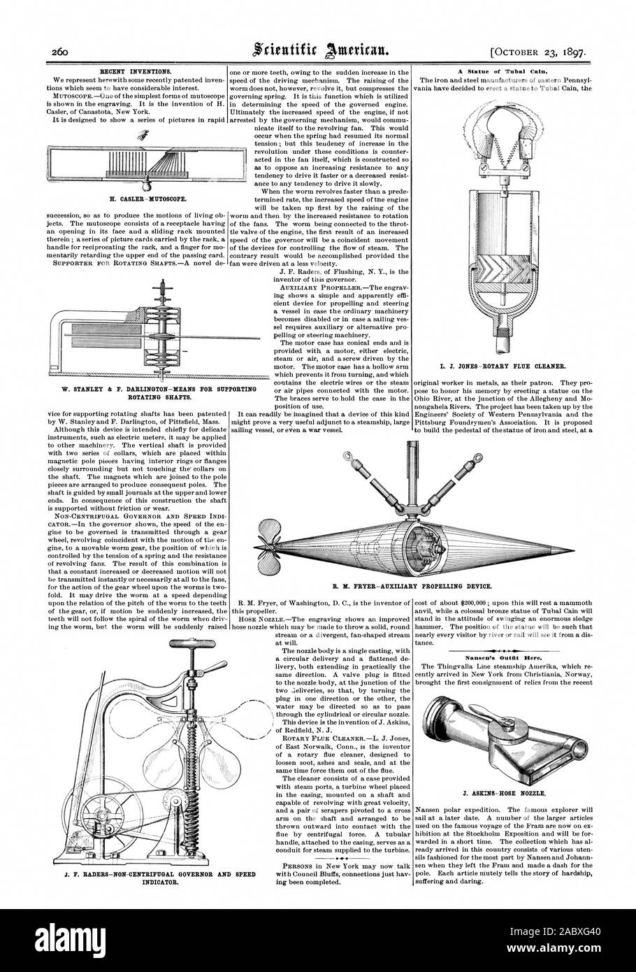 RECENT INVENTIONS. H. CASLER - MUTOSCOPE. W. STANLEY & F. DARLINGTON—MEANS FOR SUPPORTING ROTATING SHAFTS. INDICATOR., scientific american, 1897-10-23 Stock Photo