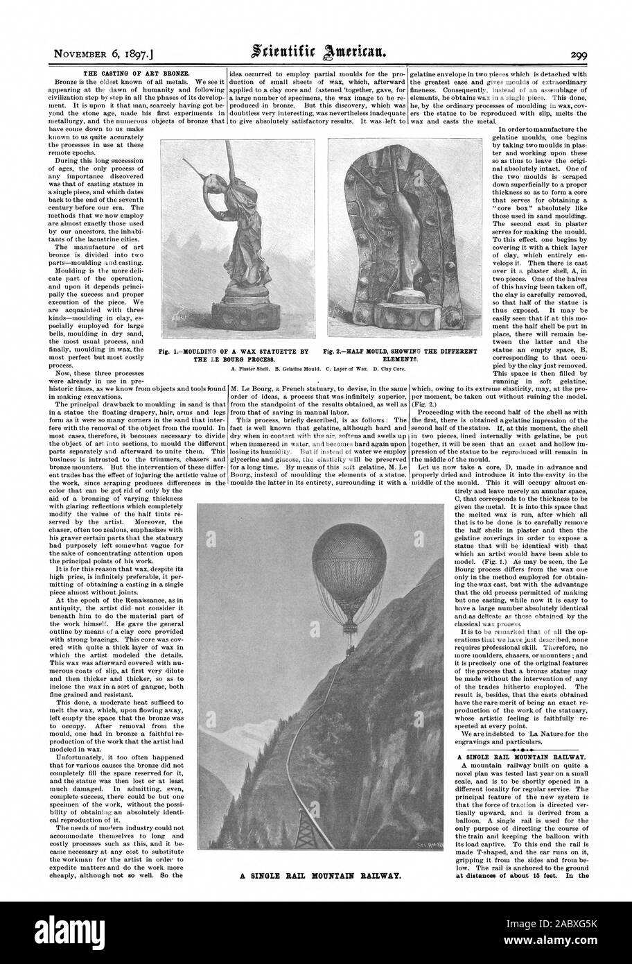 THE CASTING OF ART BRONZE. A SINGLE RAIL MOUNTAIN RAILWAY. at distances of about 15 feet. In the Fig. IMOULDING OF A WAX STATUETTE BY THE LE BOURG PROCESS. Fig. 2HALF MOULD SHOWING THE DIFFERENT ELEMENTS. A SINGLE RAIL MOUNTAIN RAILWAY., scientific american, 1897-11-06 Stock Photo