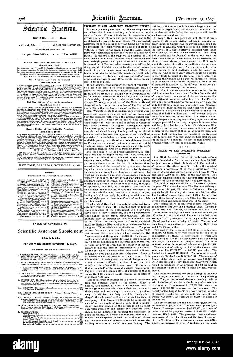 Week Ending November 13 1897. INCREASE IN OUR ARTILLERY URGENTLY NEEDED. REPORT OF THE INTERSTATE COMMERCE COMMISSION. ESTABLISHED 1 845, scientific american, 1897-11-13 Stock Photo