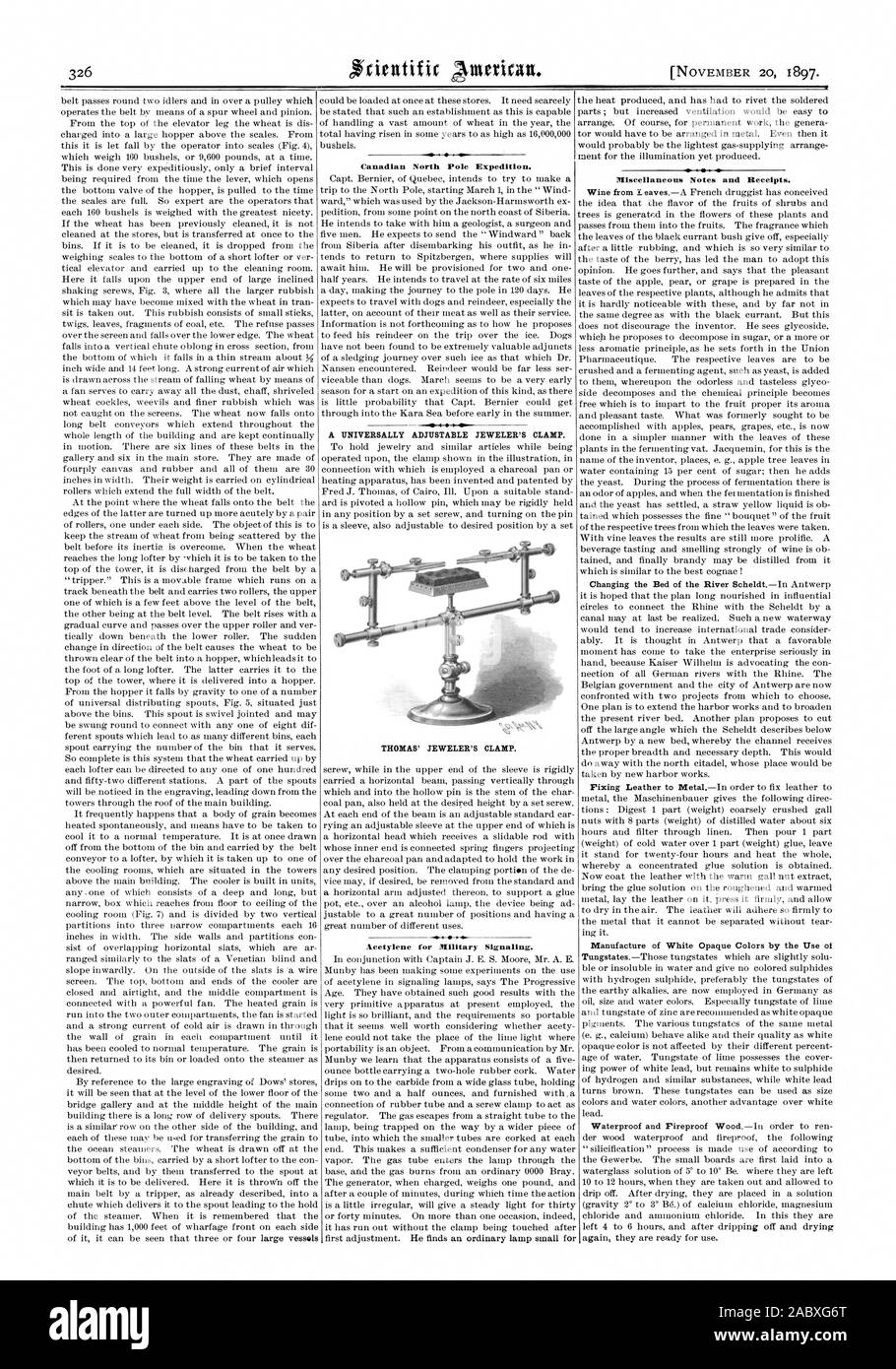Canadian North Pole Expedition. 4 . Acetylene for Military Signaling. Miscellaneous Notes and Receipts., scientific american, 1897-11-20 Stock Photo