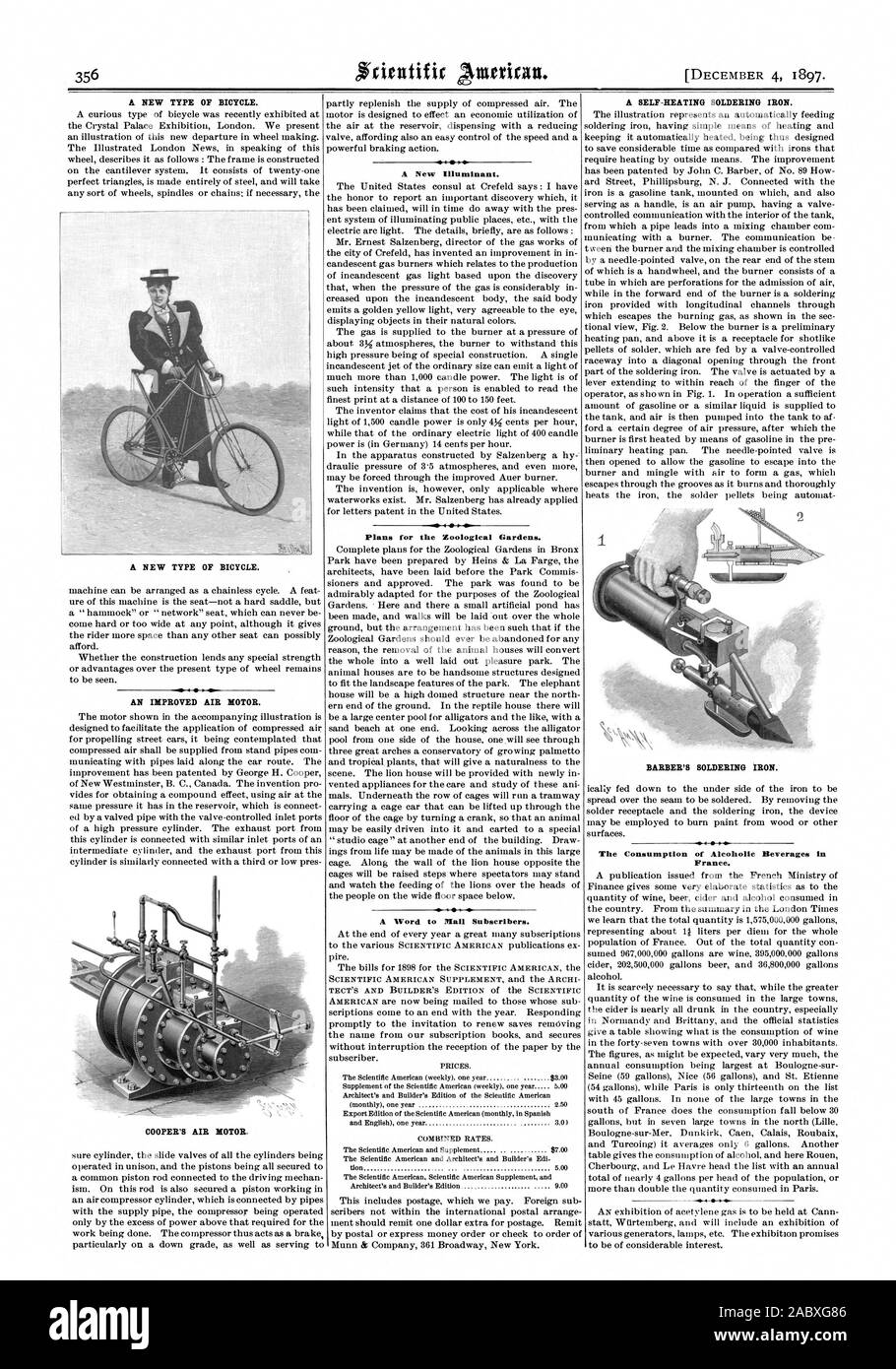 A NEW TYPE OF BICYCLE. A NEW TYPE OF BICYCLE. AN IMPROVED AIR MOTOR. COOPER'S AIR MOTOR. A New Illuminant. Plans for the Zoological Gardens. A Word to Mall Subscribers. A SELF-HEATING SOLDERING IRON. BARBER'S SOLDERING IRON. The Consumption of Alcoholic Beverages in France., scientific american, 1897-12-04 Stock Photo