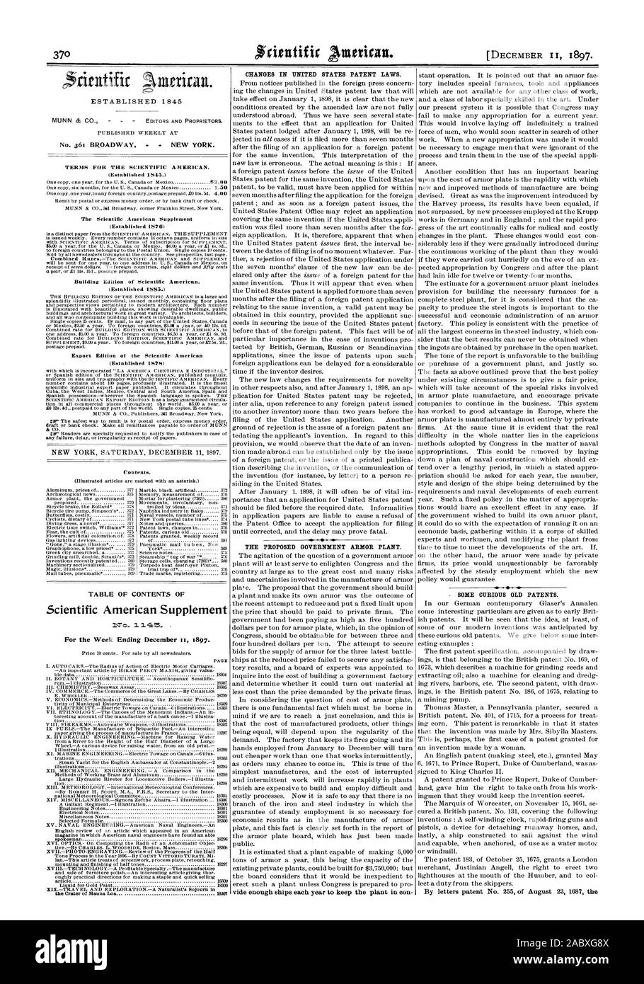 TERMS FOR THE SCIENTIFIC AMERICAN. Building Edition of Scientific American. TABLE OF CONTENTS OF Scientific American Supplement No- 1 1 . For the Week Ending December ii 1897. the Crater of Mauna Loa 18307 CHANGES IN UNITED STATES PATENT LAWS. THE PROPOSED GOVERNMENT ARMOR PLANT. SOME CURIOUS OLD PATENTS., 1897-12-11 Stock Photo