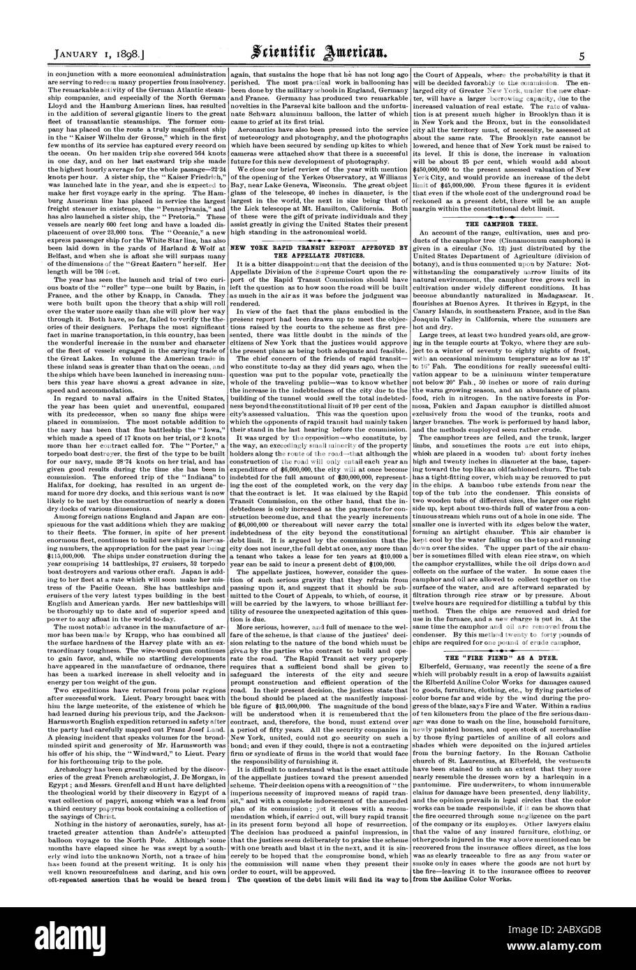 oft-repeated assertion that he would be heard from NEW YORK RAPID TRANSIT REPORT APPROVED BY THE APPELLATE JUSTICES. THE CAMPHOR TREE. THE 'FIRE FIEND' AS A DYER. from the Aniline Color Works., scientific american, 1898-01-01 Stock Photo