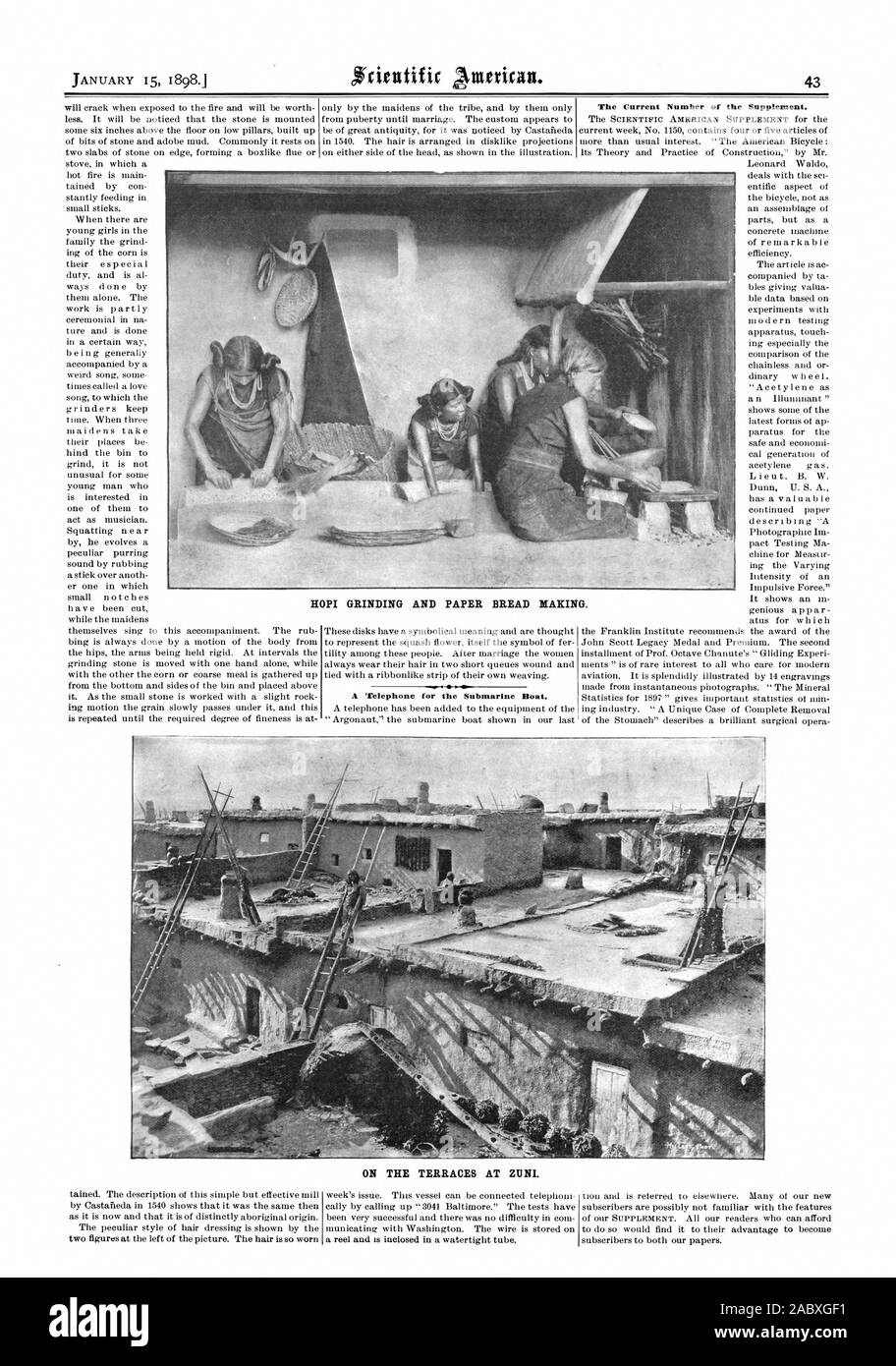 A Telephone for the Submarine Boat. The Current Number of the Supplement. OPI GRINDING AND PAPER BREAD MAKING. ON THE TERRACES AT ZUNI., scientific american, 1898-01-15 Stock Photo