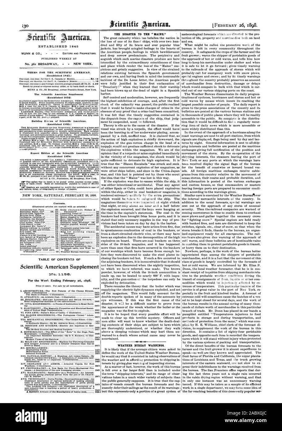 No. 361 BROADWAY  NEW YORK. Contents. Scientific American Supplement For the Week Ending February 26 1898. PAGE THE DISASTER TO THE 'MAINE.' WEATHER BUREAU WARNINGS., 1898-02-26 Stock Photo