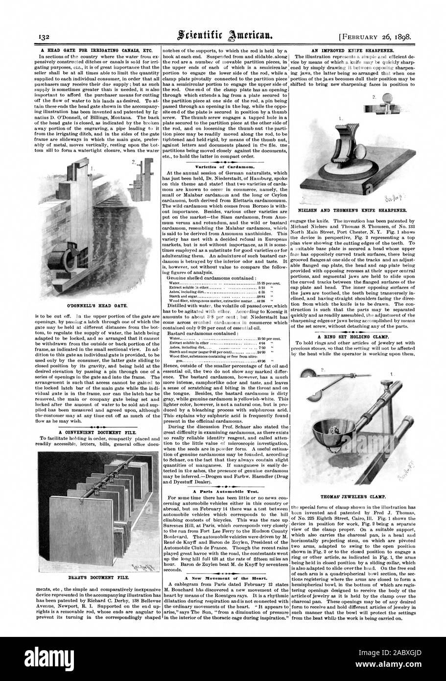 WDONNELL1 HEAD GATE. A CONVENIENT DOCUMENT FILE. DERBY'S DOCUMENT FILE. Varieties of Cardamom. A Paris Automobile Test. A New Movement of the Heart. AN IMPROVED KNIFE SHARPENER. NIELSEN AND THOMSEN'S KNIFE SHARPENER. A RING SET HOLDING CLAMP. THOMAS' JEWELER'S CLAMP., scientific american, 1898-02-26 Stock Photo