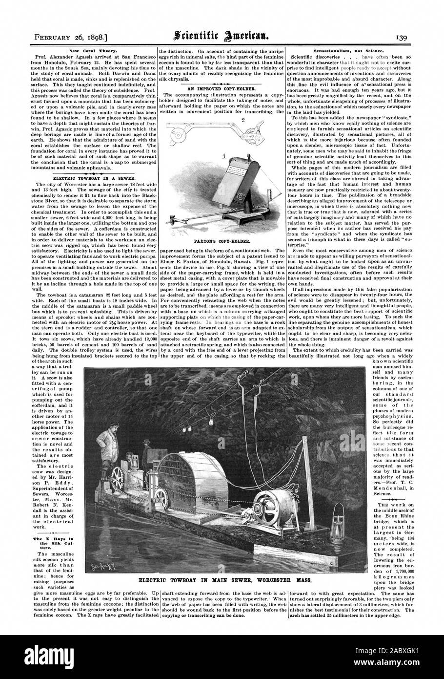 New Coral Theory. ELECTRIC TOWBOAT IN A SEWER. The X Hays In the Silk Cul. tare. AN IMPROVED COPY-HOLDER. PAXTON'S COPY-HOLDER. Sensationalism not Science. ELECTRIC TOWBOAT IN MAIN SEWER WORCESTER MASS., scientific american, 1898-02-26 Stock Photo