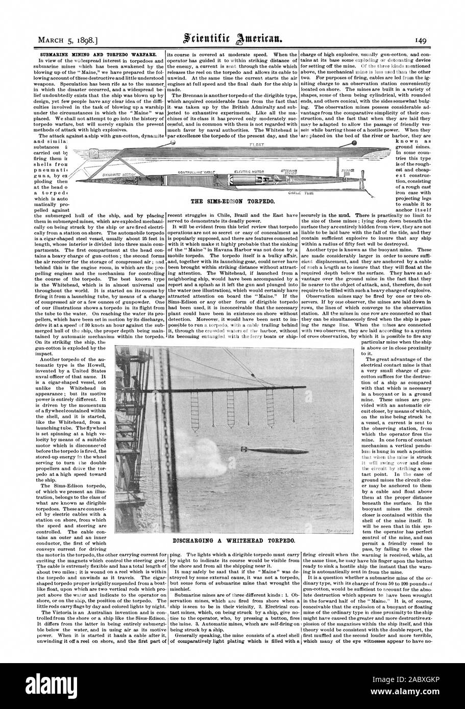 SUBMARINE MINING AND TORPEDO WARFARE. DISCHARGING A WHITEHEAD TORPEDO. THE SIDIS-EDISON TORPEDO., scientific american, 1898-03-05 Stock Photo